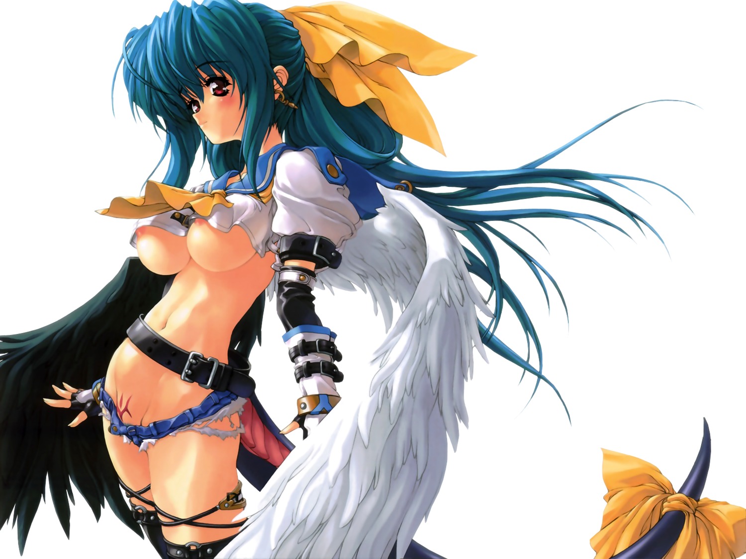 areola dizzy guilty_gear miwa_yoshikazu monster_girl nipple_slip no_bra nopan seifuku synthetic_garden tail tattoo thighhighs underboob wallpaper wings