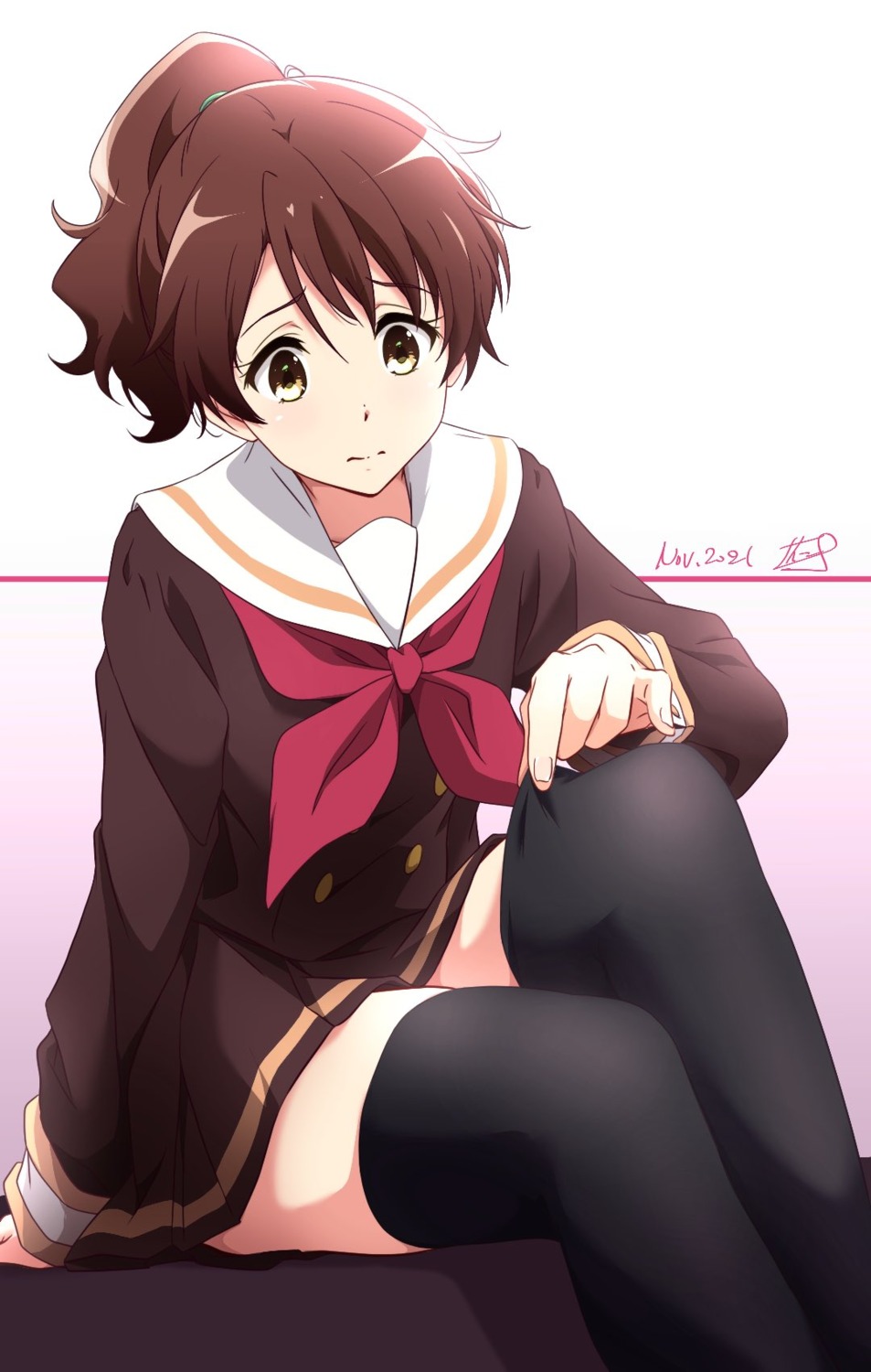 duplicate hibike!_euphonium nii_manabu oumae_kumiko seifuku skirt_lift thighhighs