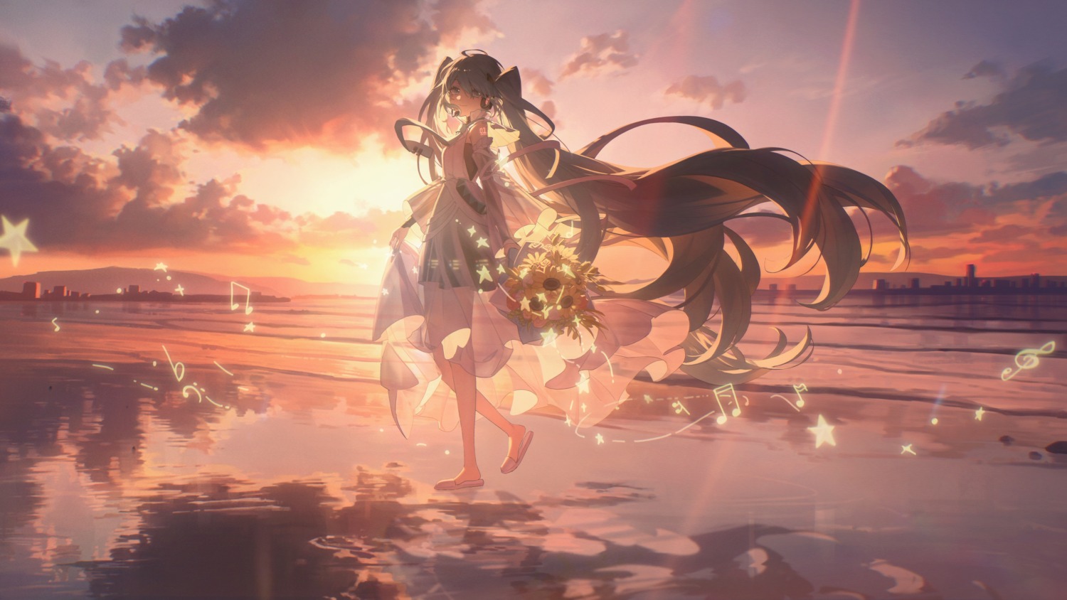 hatsune_miku headphones konya_karasue landscape see_through skirt_lift tattoo vocaloid wet