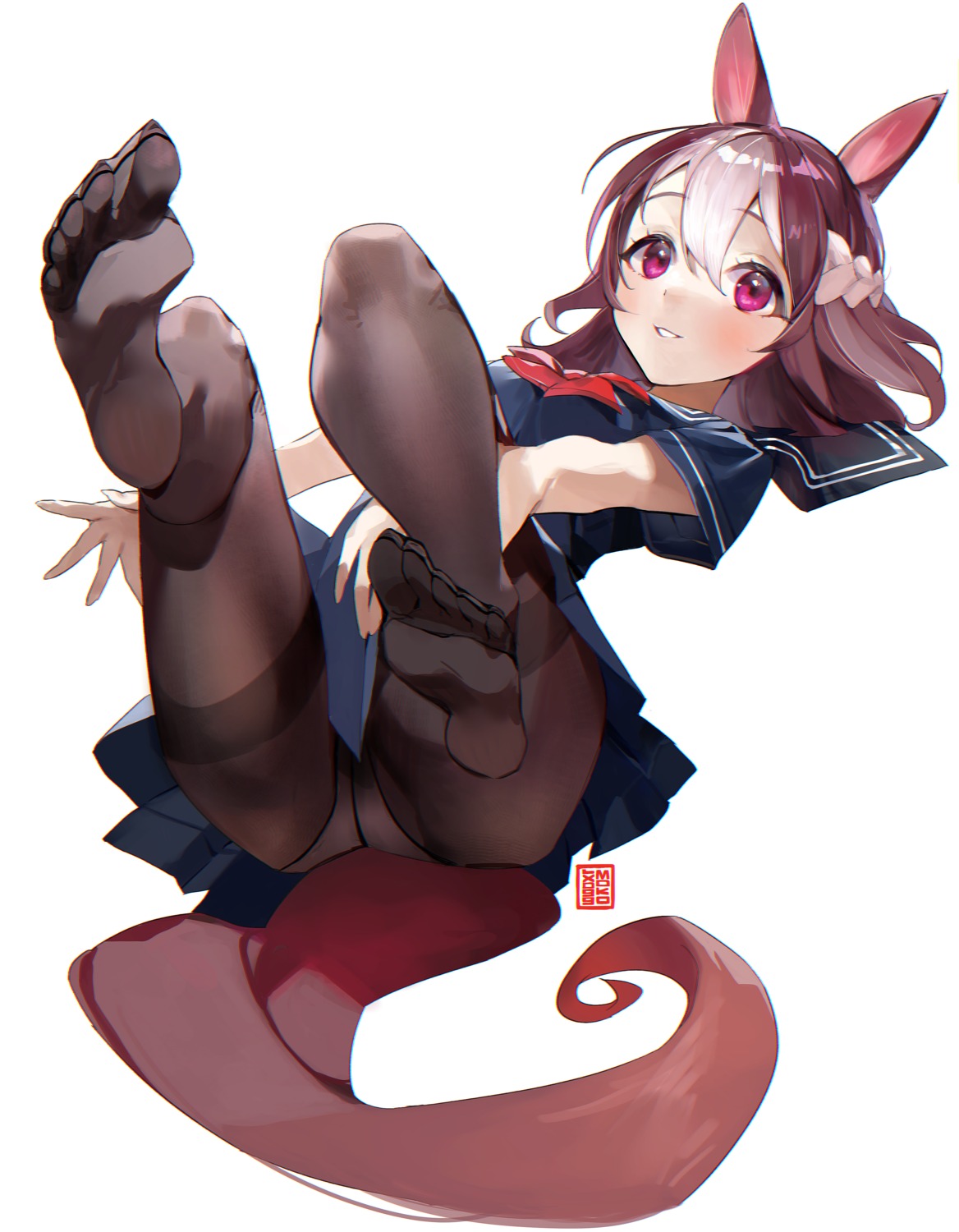 animal_ears feet moko_(moko/moko) pantsu pantyhose skirt_lift special_week_(umamusume) tail uma_musume_pretty_derby uniform