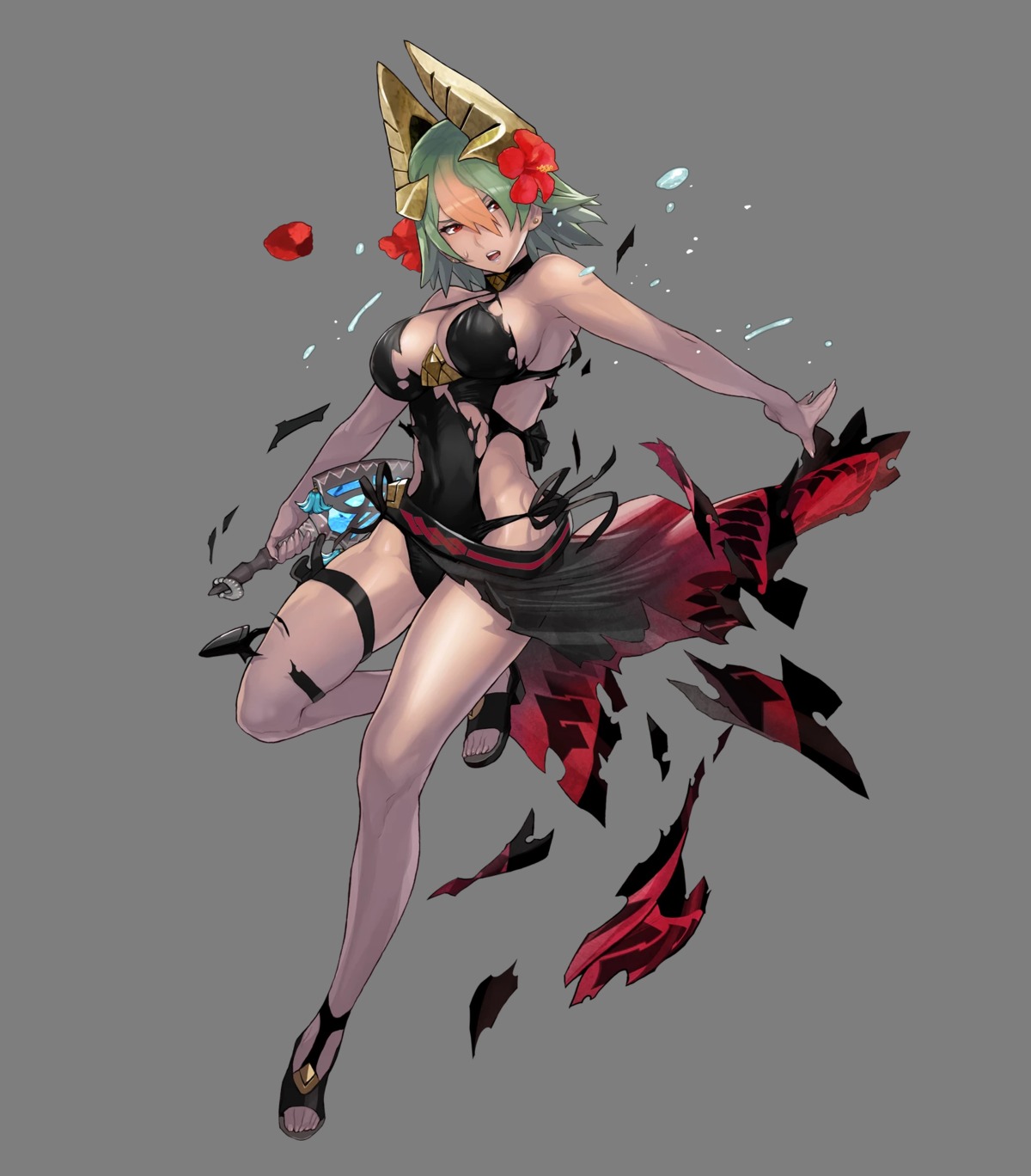 cleavage fire_emblem fire_emblem_heroes garter heels horns laegjarn maeshima_shigeki nintendo see_through skirt_lift swimsuits torn_clothes weapon