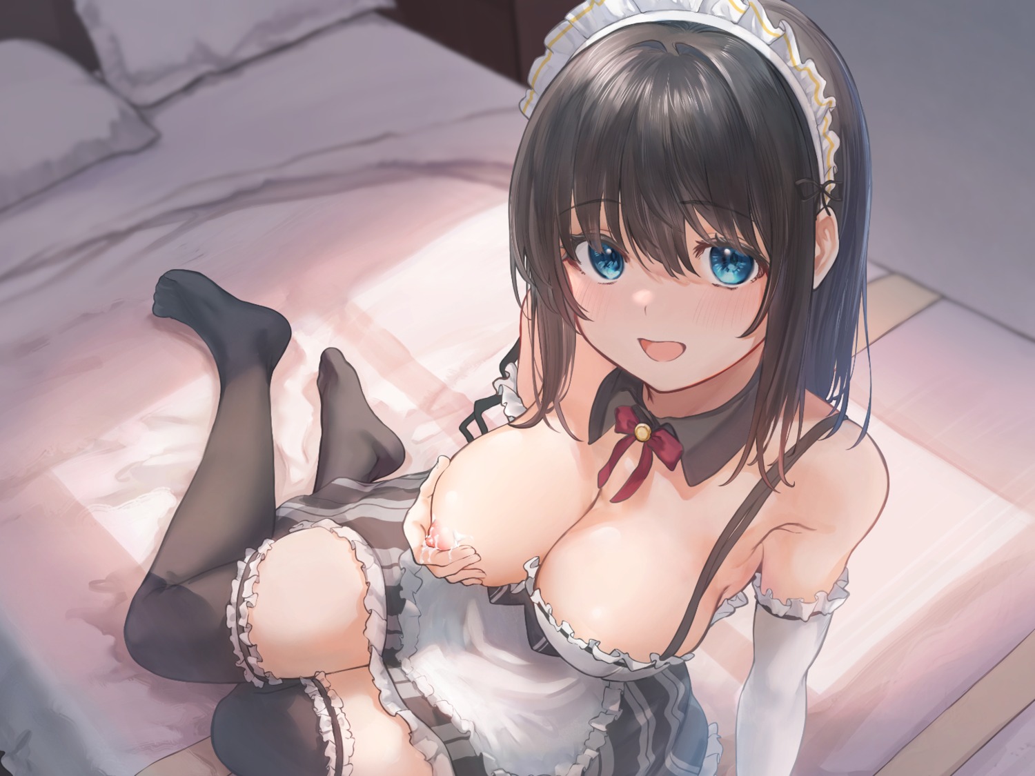 breast_grab breasts lactation maid marulire nipples no_bra thighhighs