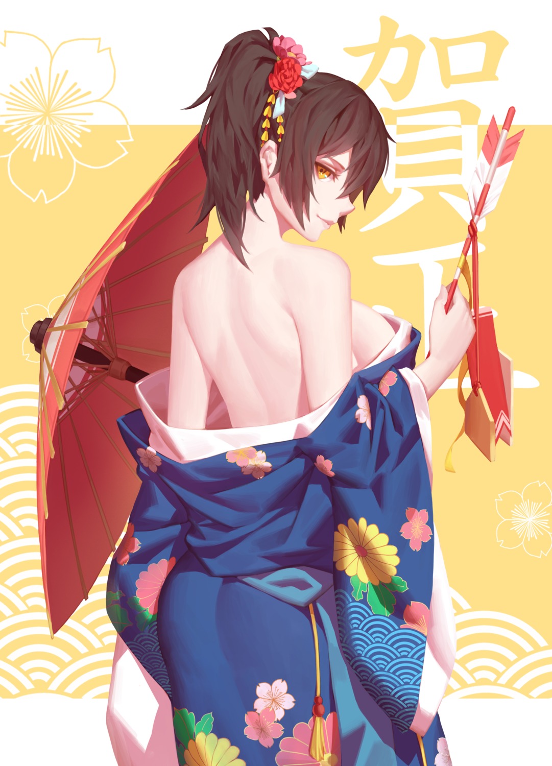ass kaga_(kancolle) kantai_collection kimono nian no_bra open_shirt umbrella undressing