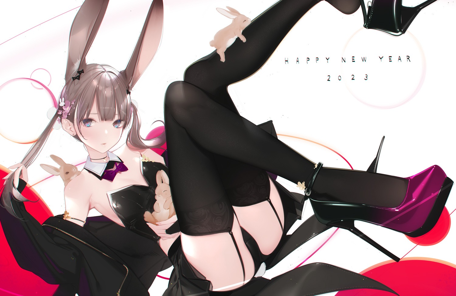 ama_mitsuki animal_ears bunny_ears bunny_girl heels no_bra pantsu skirt_lift stockings tail thighhighs thong