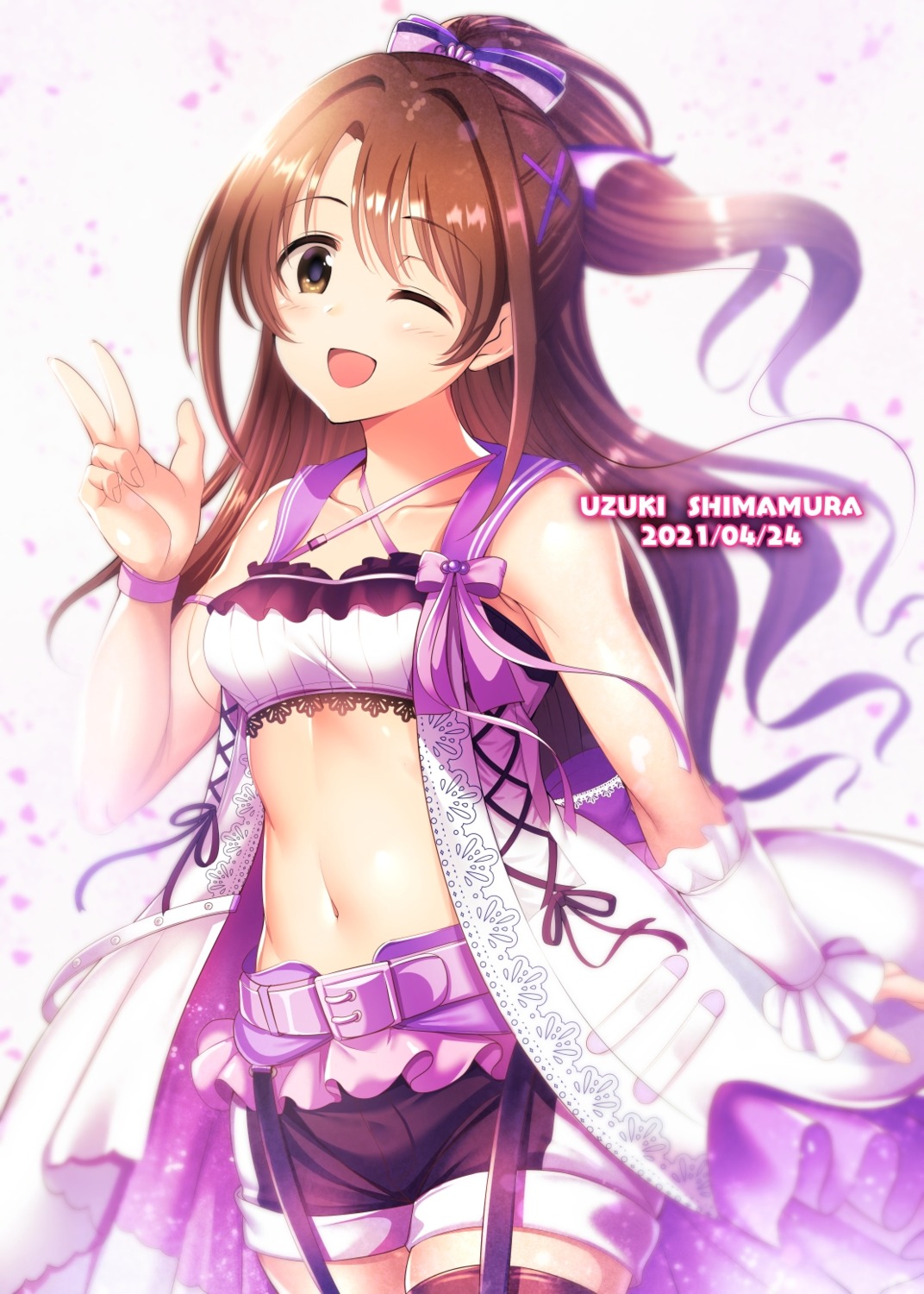 bra ment open_shirt shimamura_uzuki the_idolm@ster the_idolm@ster_cinderella_girls thighhighs