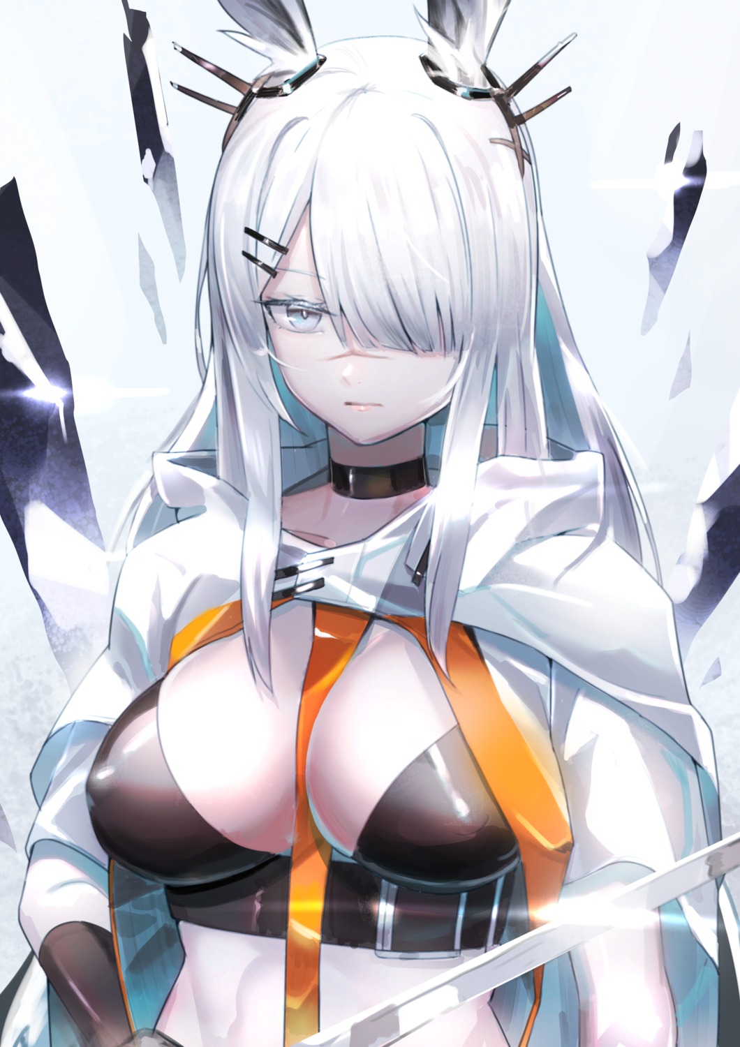 animal_ears arknights erect_nipples frostnova_(arknights) haowei_wu no_bra sword