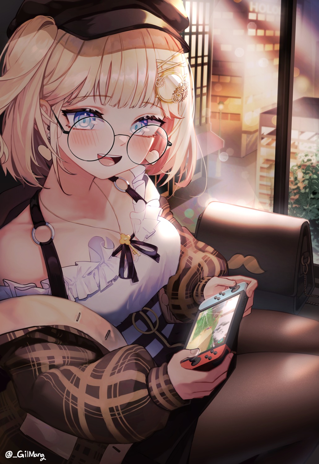 cleavage gilmang hololive hololive_english megane pantyhose skirt_lift watson_amelia