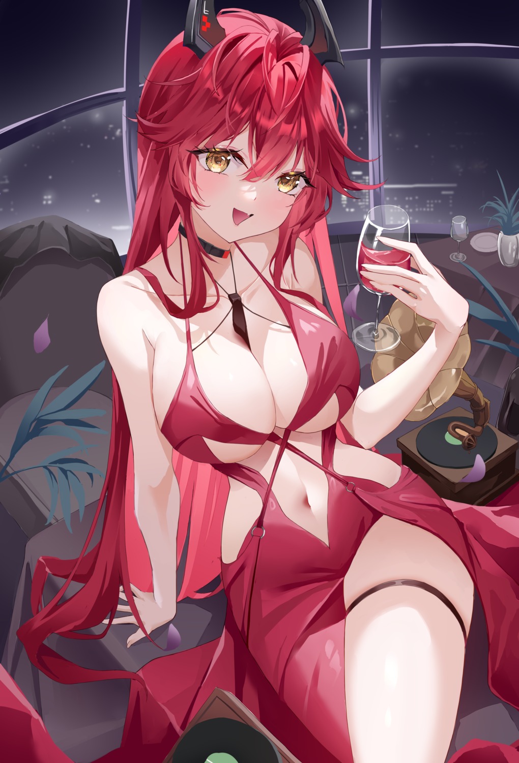 dress garter goddess_of_victory:_nikke horns jingying_baobao_shanliangliang no_bra red_hood_(nikke)