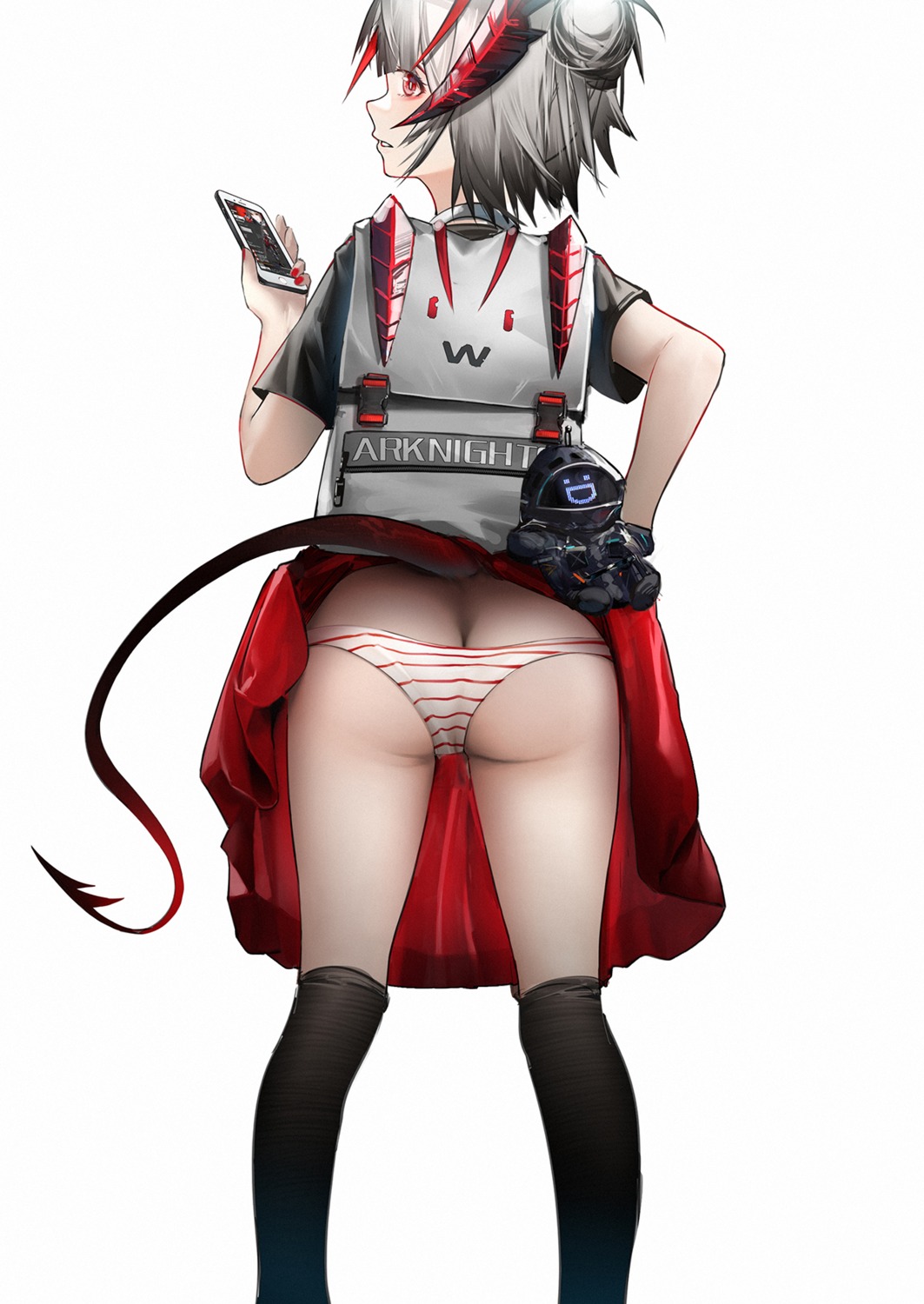 arknights ass horns pantsu panty_pull shimapan skirt_lift tail thighhighs w_(arknights) yuuki_mix