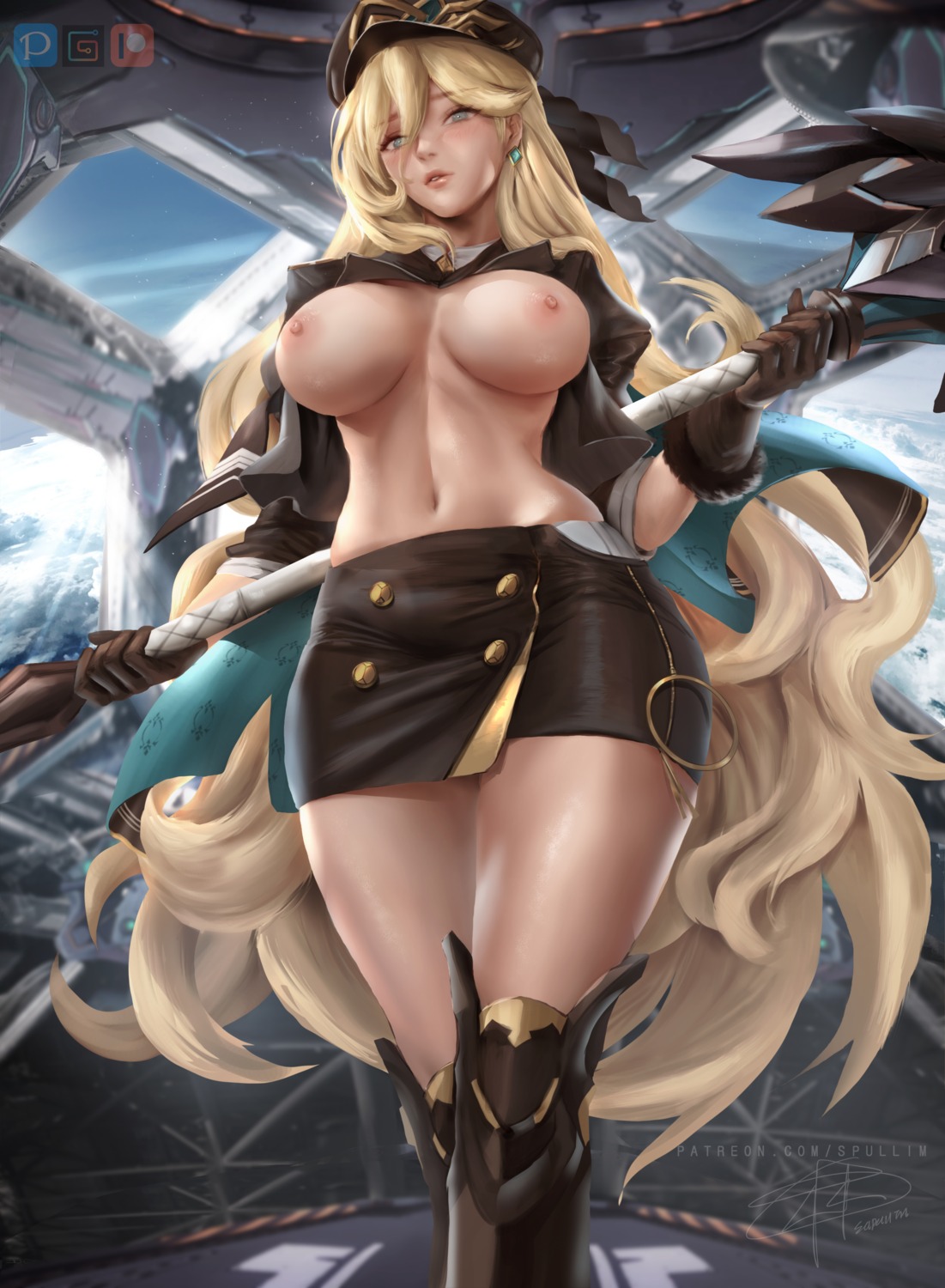 armor breasts nipples no_bra open_shirt supullim uniform weapon