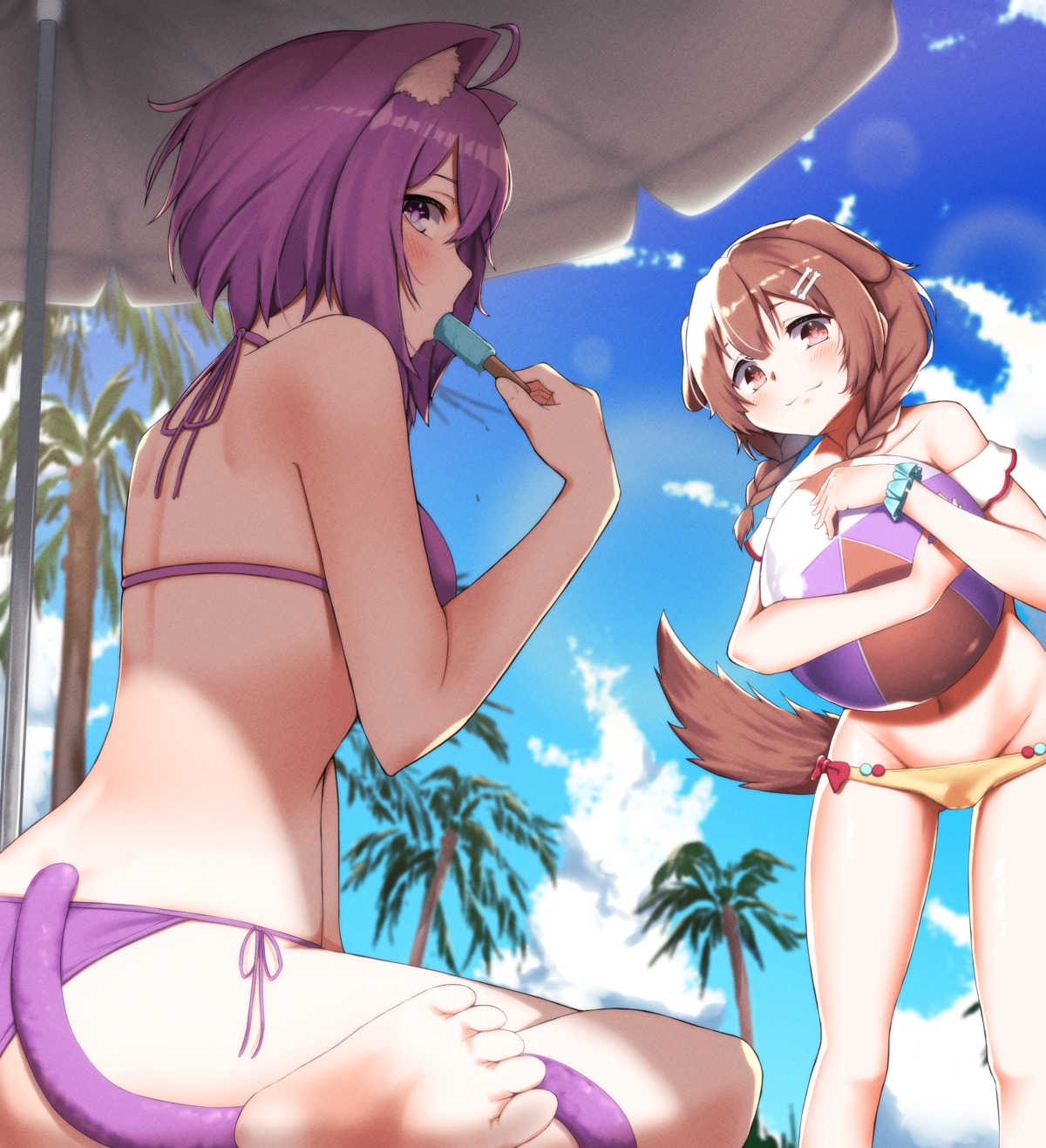 animal_ears bikini hololive hololive_gamers inugami_korone inumimi nekomata_okayu nekomimi shirousagi_(sirousagi0501) swimsuits tail