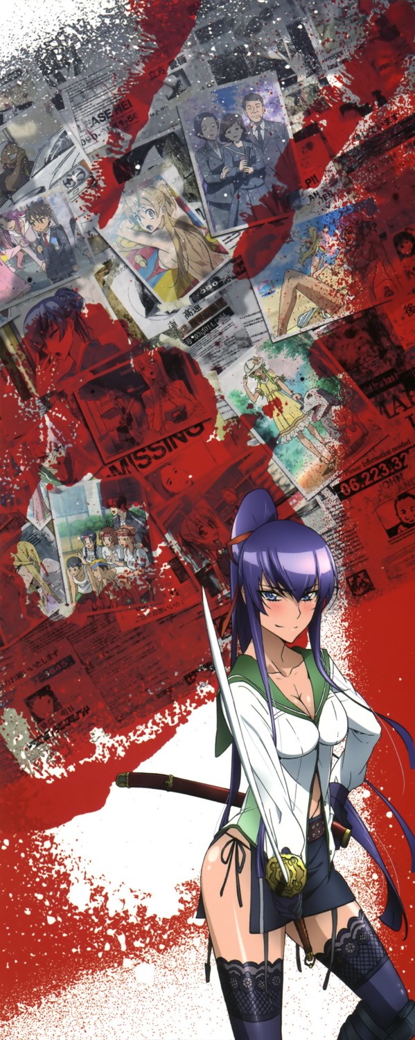 busujima_saeko cleavage highschool_of_the_dead pantsu seifuku stockings string_panties sword thighhighs