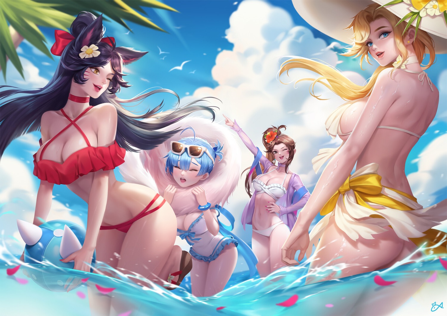 ahri animal_ears ass bikini citemer cleavage crossover d.va league_of_legends megane mercy_(overwatch) nopan open_shirt overwatch re_zero_kara_hajimeru_isekai_seikatsu rem_(re_zero) swimsuits tail wet