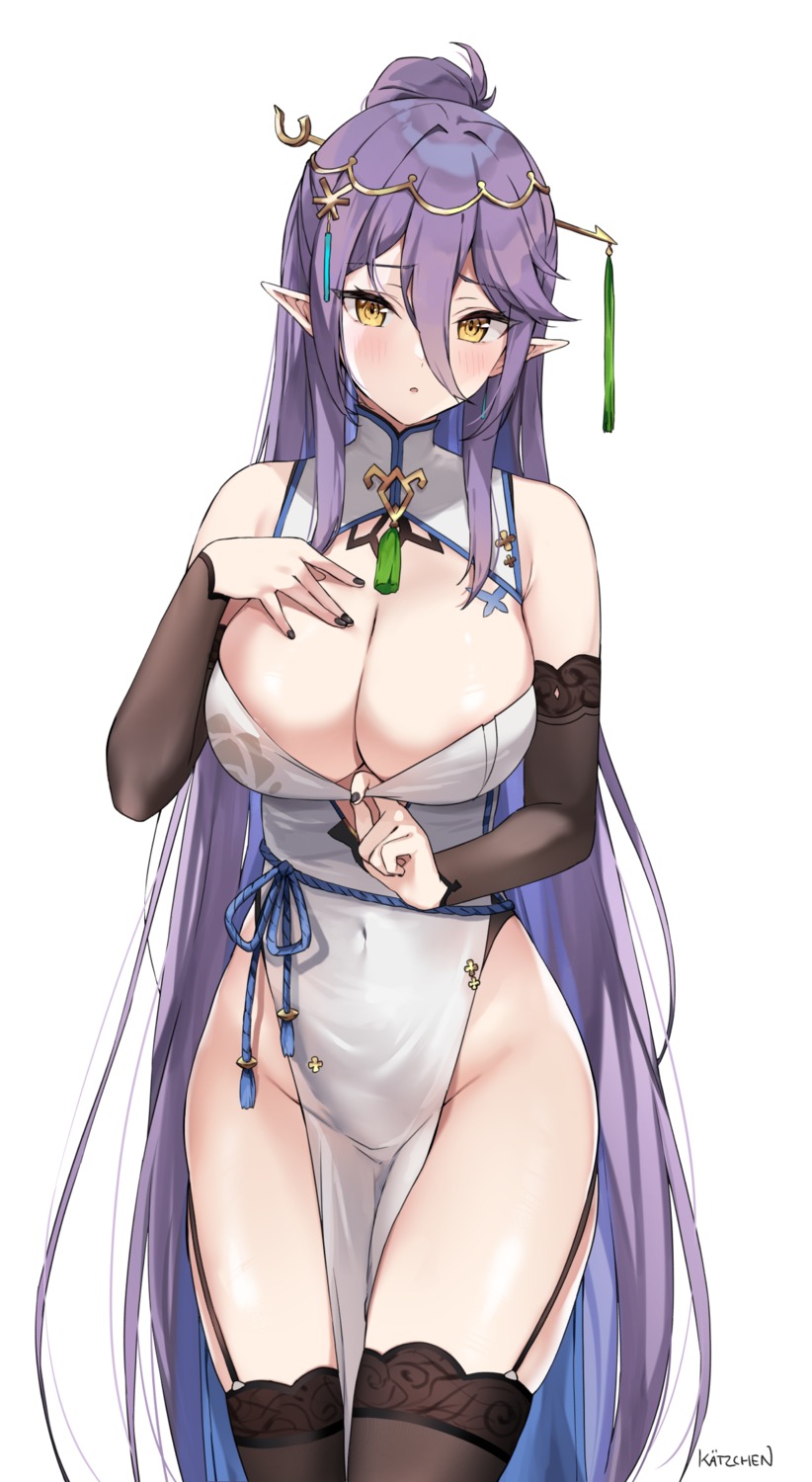 areola aria_(epic7) asian_clothes epic7 kaetzchen no_bra pointy_ears see_through stockings thighhighs undressing