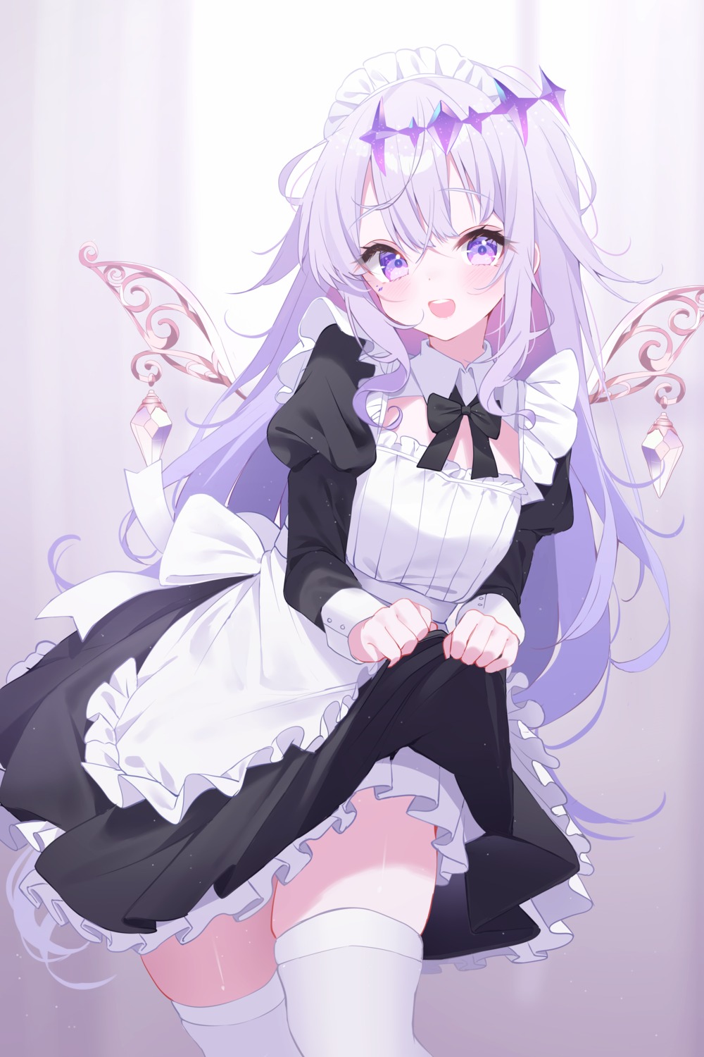 deyui dress hololive hololive_english koseki_bijou maid skirt_lift thighhighs wings