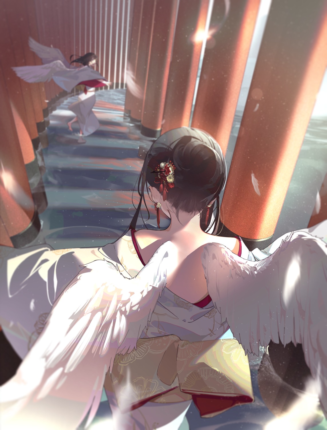 angel kimono no_bra oekaki_taro wet wings