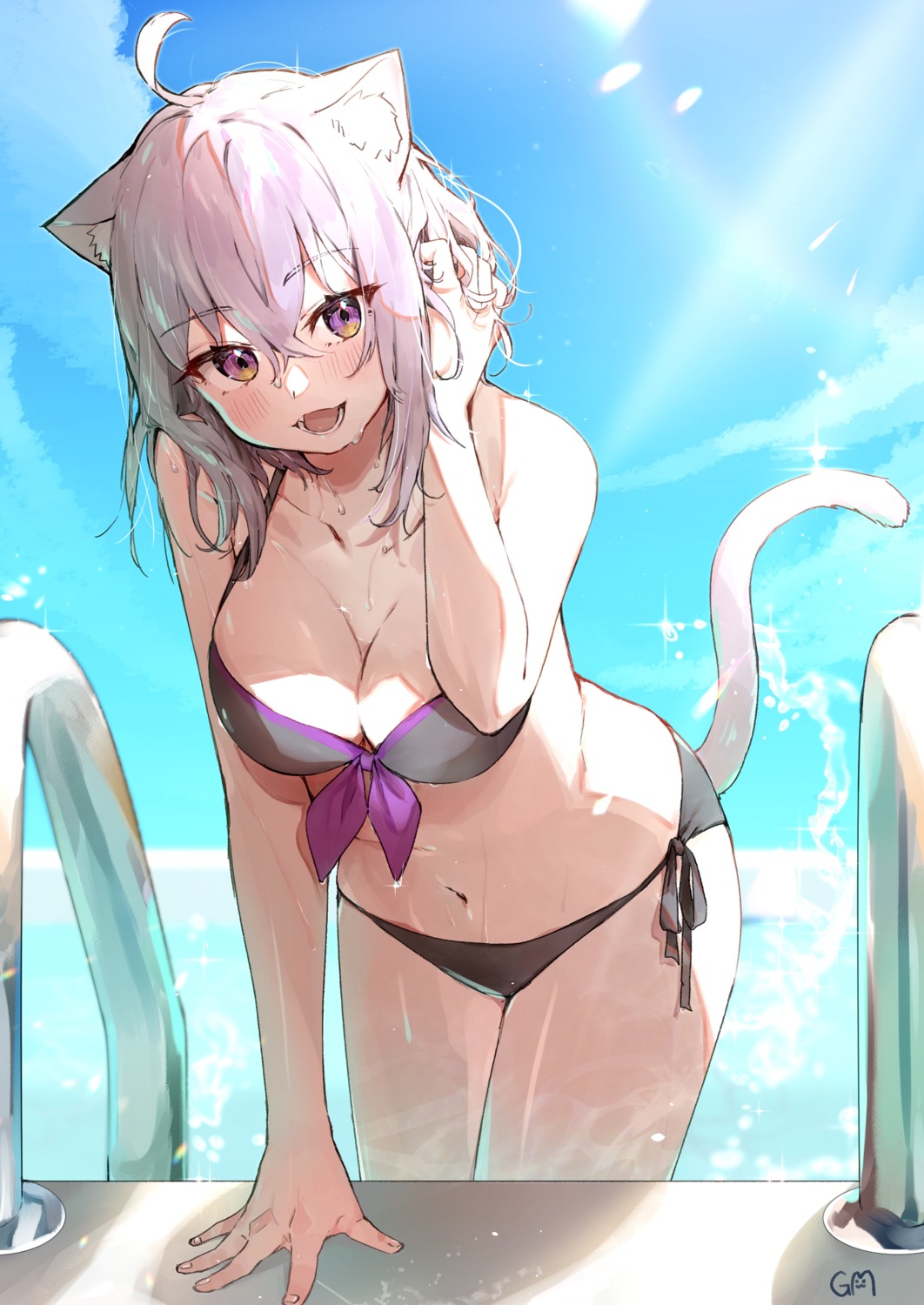 animal_ears bikini cleavage hololive hololive_gamers idenshi_kumikae_(kabe_choron) nekomata_okayu nekomimi swimsuits tail wet