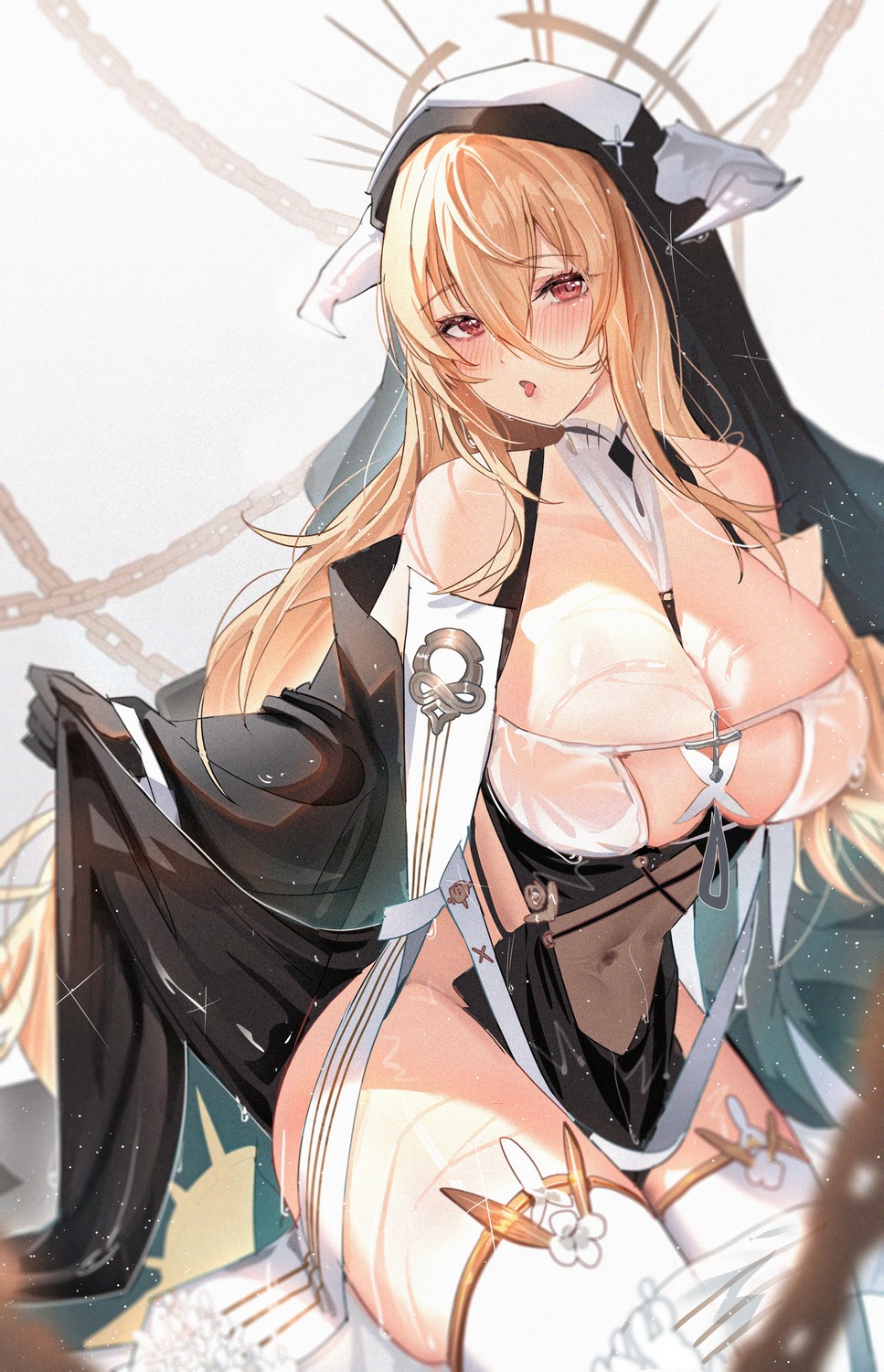 azur_lane horns implacable_(azur_lane) no_bra nun see_through tansuan_(ensj3875) thighhighs wet_clothes