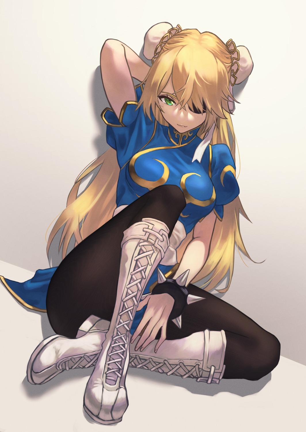 chinadress chun_li cosplay eyepatch fischl genshin_impact hara_kenshi pantyhose street_fighter