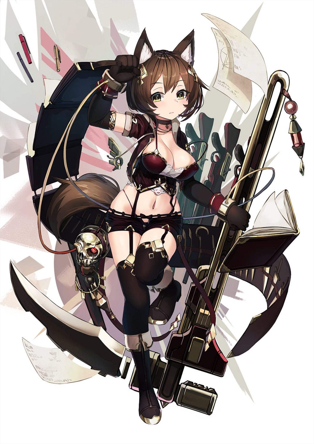 animal_ears cleavage heels natori_youkai stockings tail thighhighs weapon