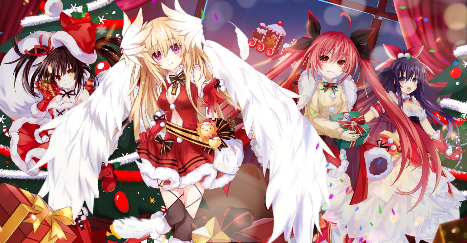 christmas cleavage date_a_live dress heterochromia itsuka_kotori mayuri_(date_a_live) thighhighs tokisaki_kurumi tsunako wings yatogami_tooka