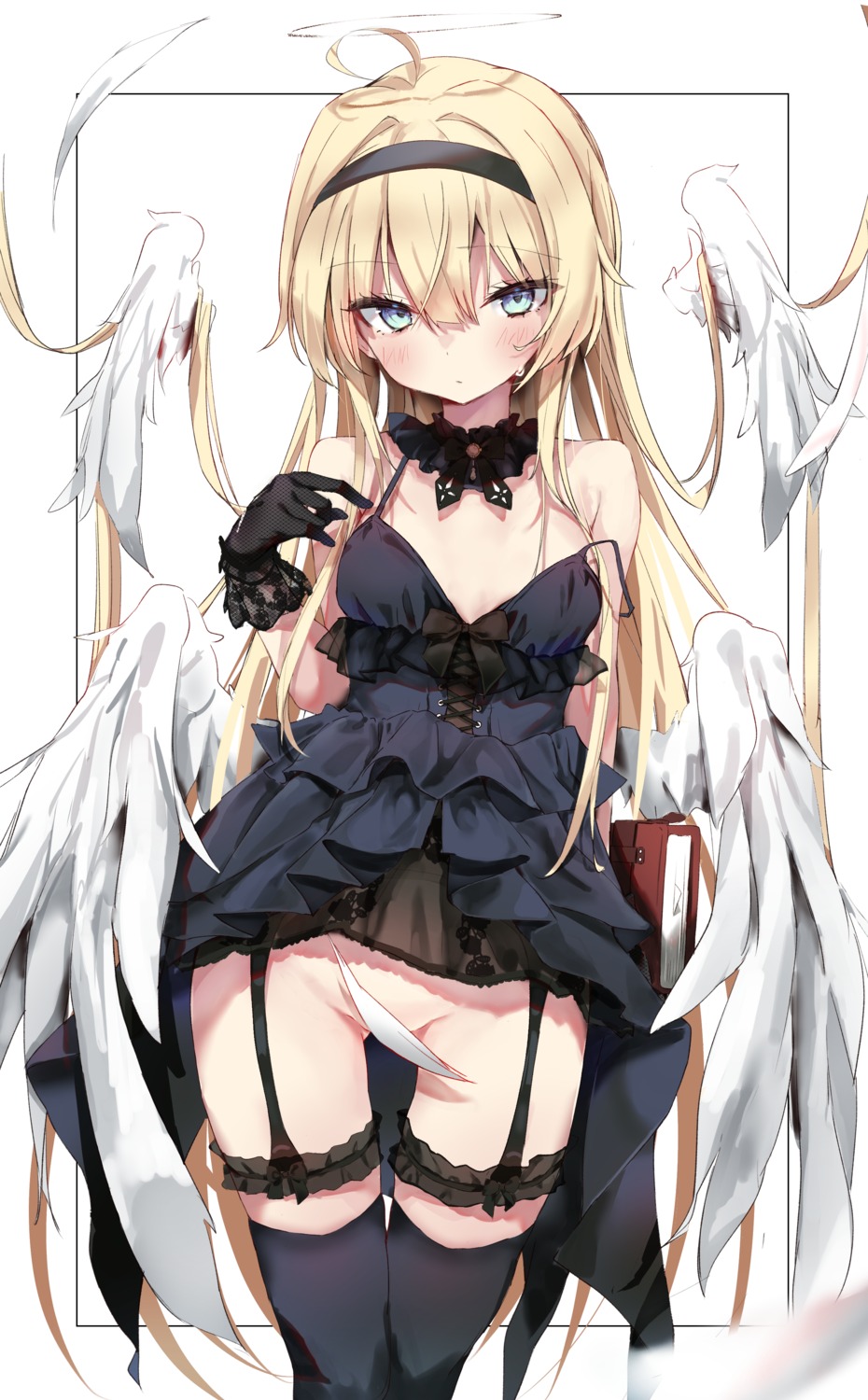 angel dress garter no_bra pantsu panty_pull skirt_lift thighhighs toshizou_(0714) wardrobe_malfunction wings