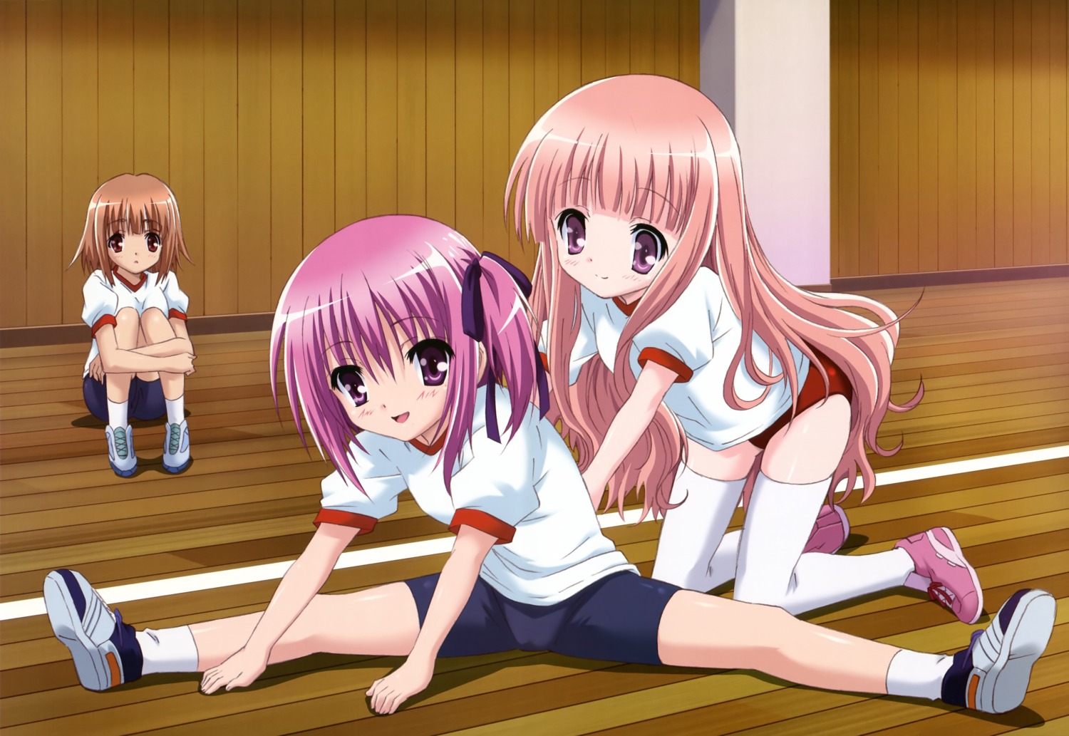 bike_shorts buruma gym_uniform hakamada_hinata kashii_airi minato_tomoka nakano_keiya ro-kyu-bu! thighhighs