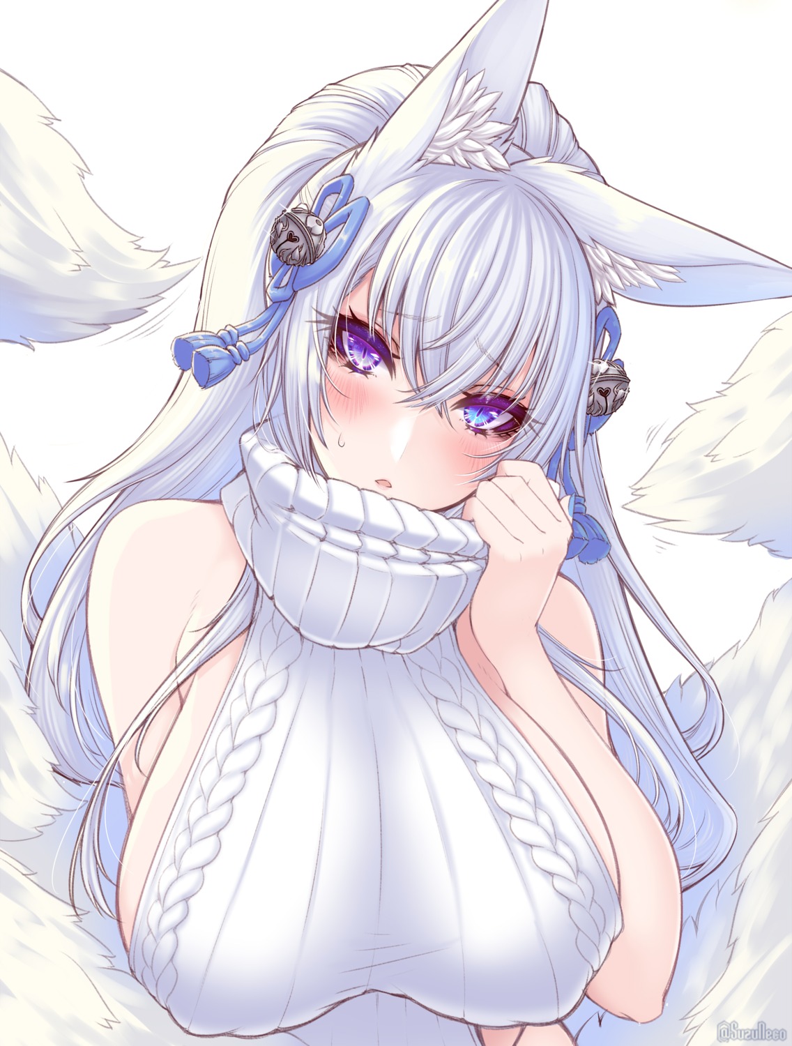 akamaru animal_ears erect_nipples heterochromia kitsune no_bra sweater tail