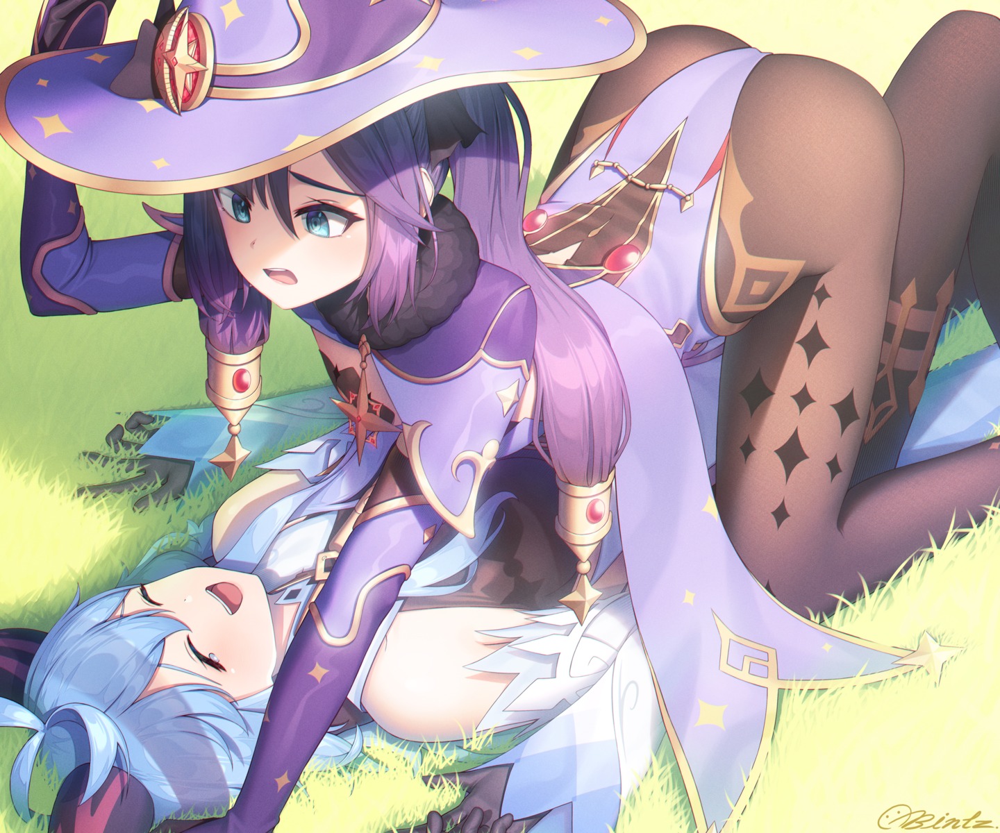 asian_clothes bintz ganyu genshin_impact horns leotard mona_megistus pantyhose witch