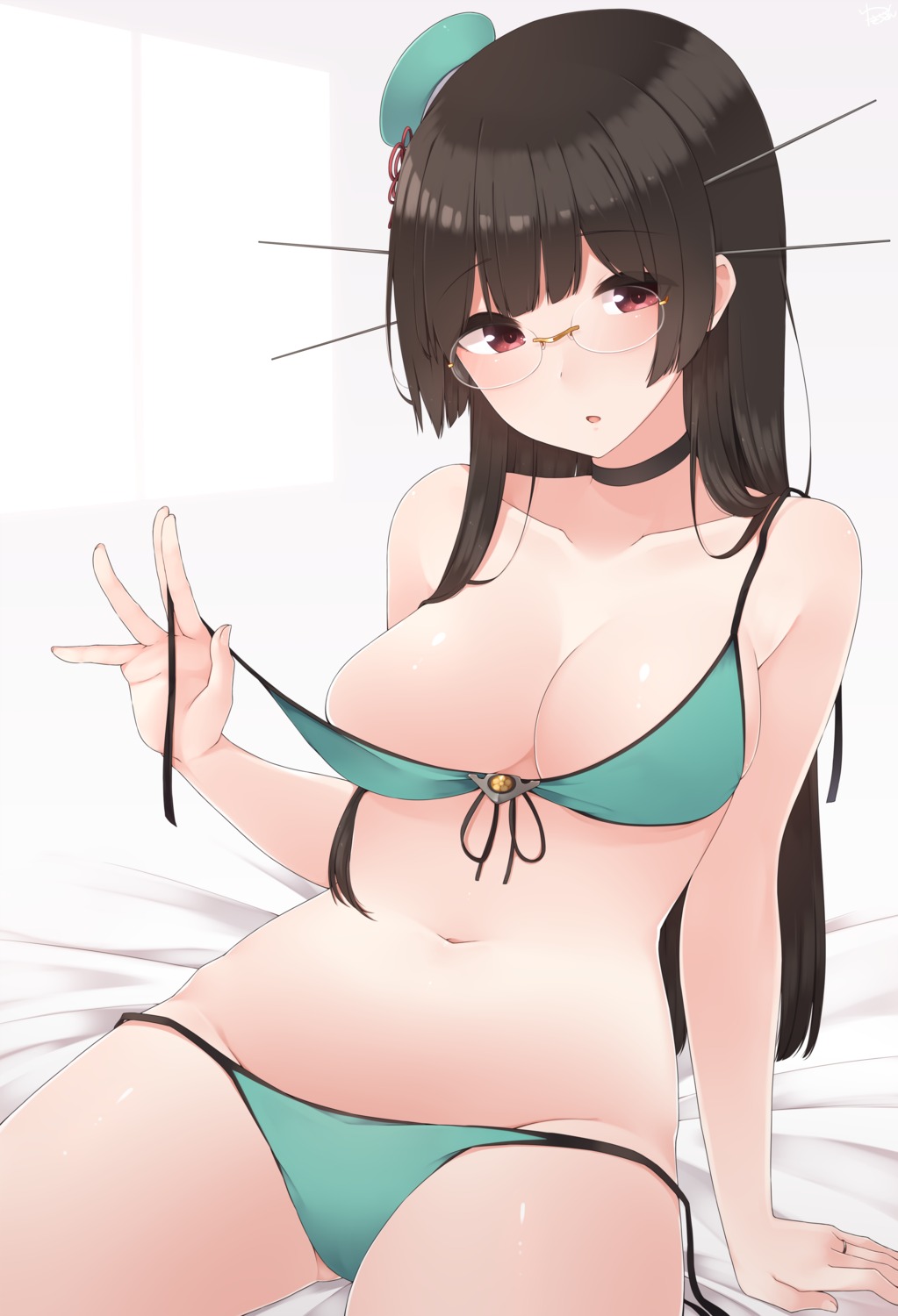 bikini choukai_(kancolle) cleavage kantai_collection megane panty_pull swimsuits undressing yukichi_(sukiyaki39)