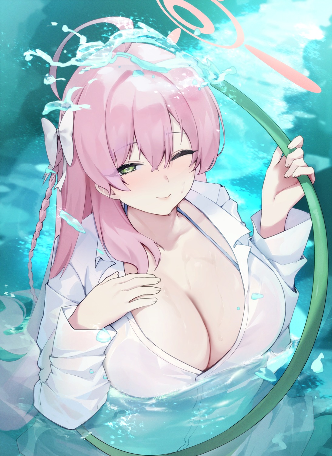 bathing bikini_top blue_archive dress_shirt halo jira_(0116) open_shirt see_through swimsuits urawa_hanako wet wet_clothes