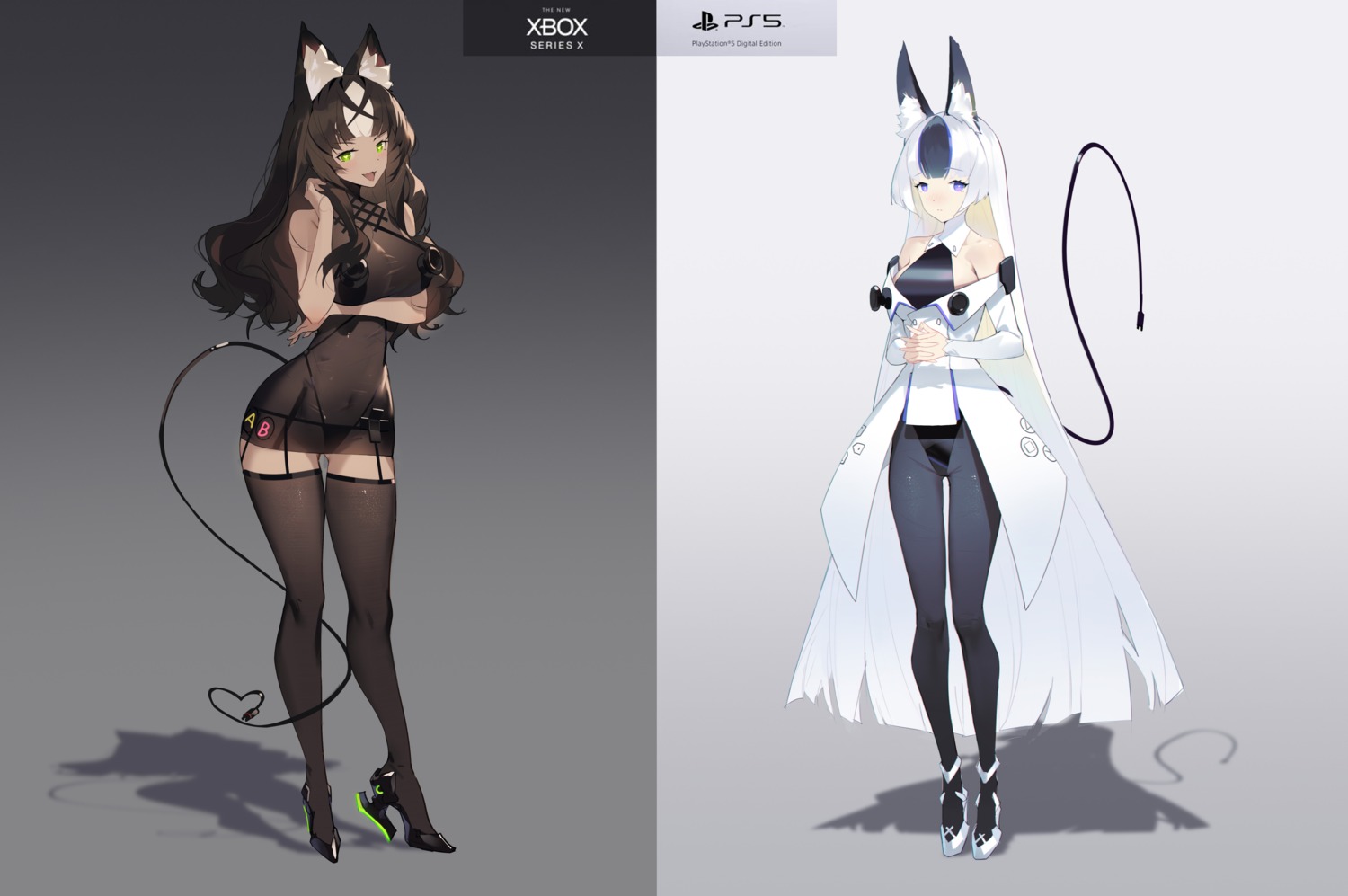 animal_ears anthropomorphization breast_hold heels helic_(7317helic) no_bra pantsu pantyhose see_through stockings tail thighhighs
