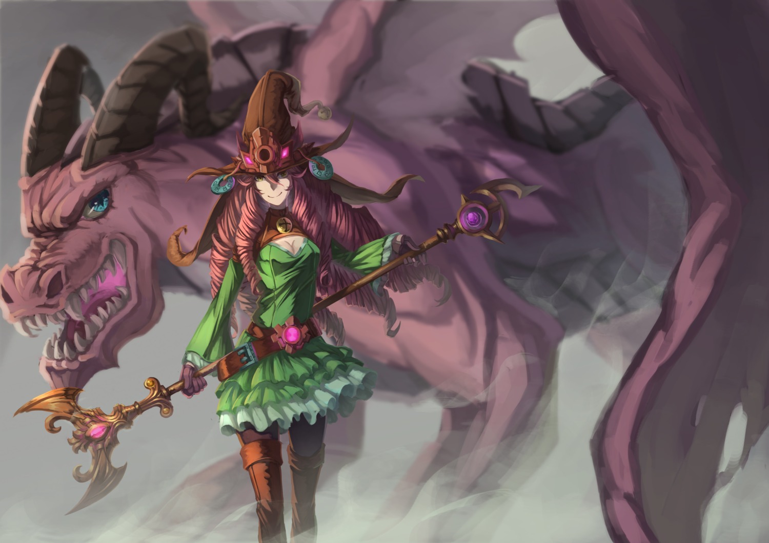 cleavage dress league_of_legends lulu_(league_of_legends) monster pantyhose sakimeikun-daze weapon witch