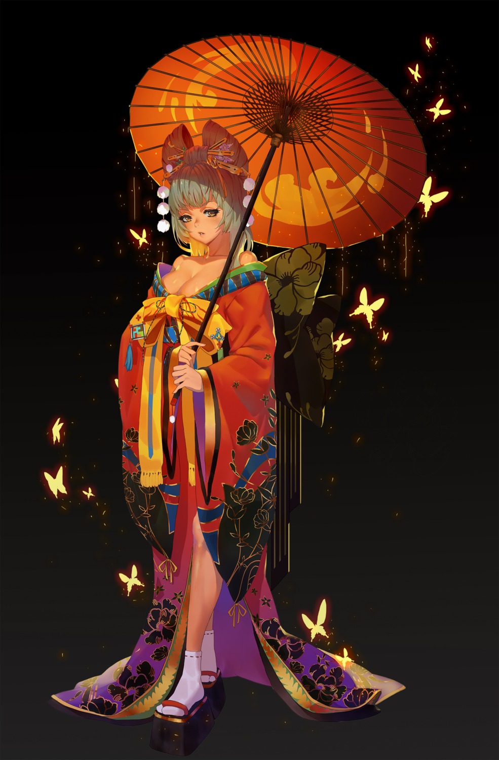 bathory_(destiny_child) cleavage destiny_child japanese_clothes ray_(nagaseray) umbrella