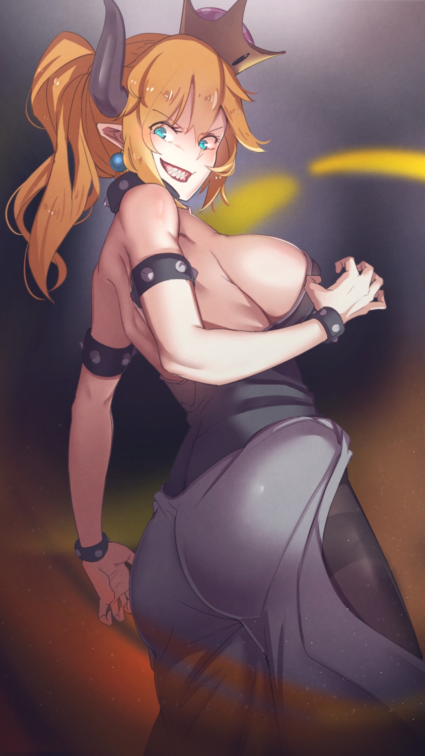 ass at2. bowsette cleavage dress horns new_super_mario_bros._u_deluxe pointy_ears