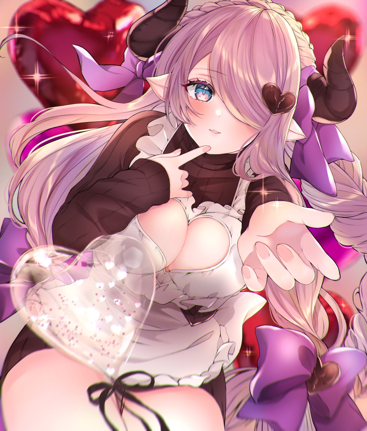 chitose_(chi_candy) cleavage granblue_fantasy horns maid narumeia_(granblue_fantasy) pointy_ears sweater valentine