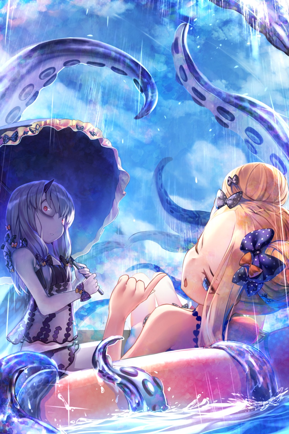 abigail_williams_(fate) bikini fate/grand_order gendo0032 horns lavinia_whateley_(fate/grand_order) see_through swimsuits tentacles umbrella