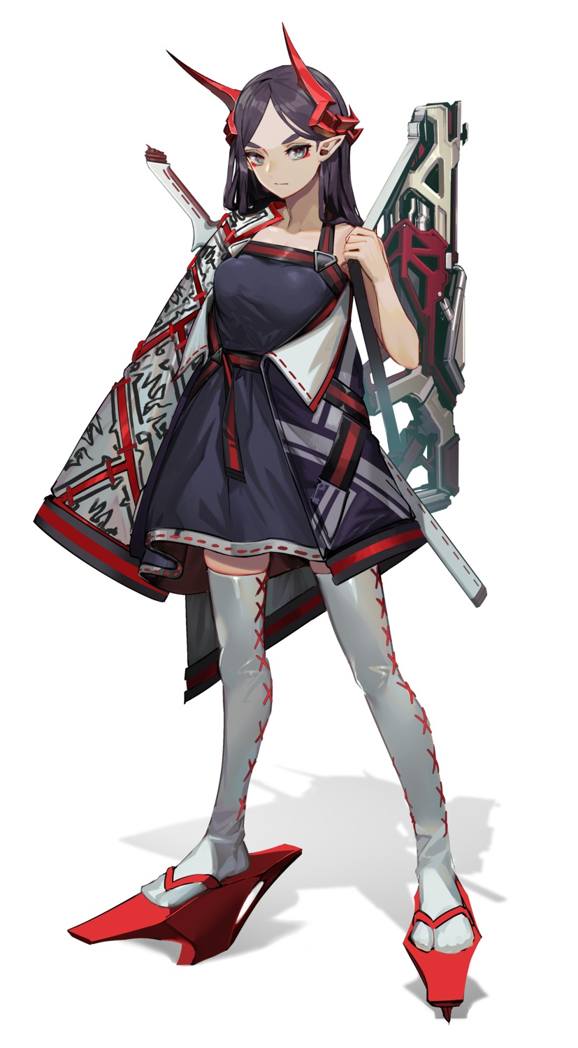 gun horns japanese_clothes pointy_ears sword thighhighs