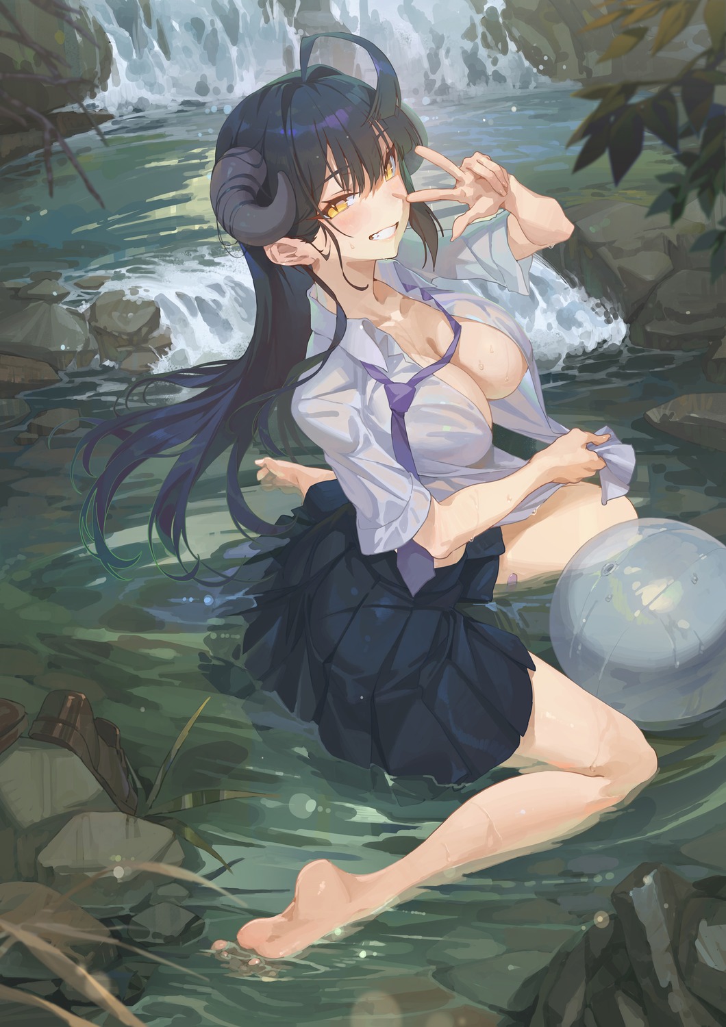 hong horns no_bra open_shirt see_through seifuku wet wet_clothes