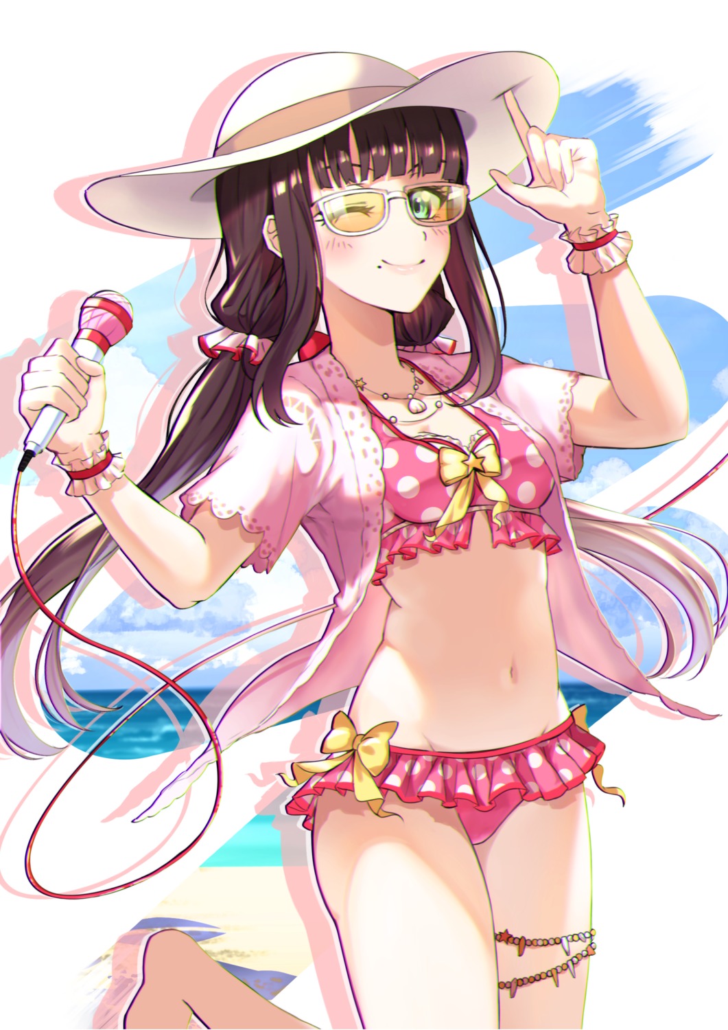 bikini cleavage garter kurosawa_dia love_live!_sunshine!! megane open_shirt shaka_(staito0515) swimsuits