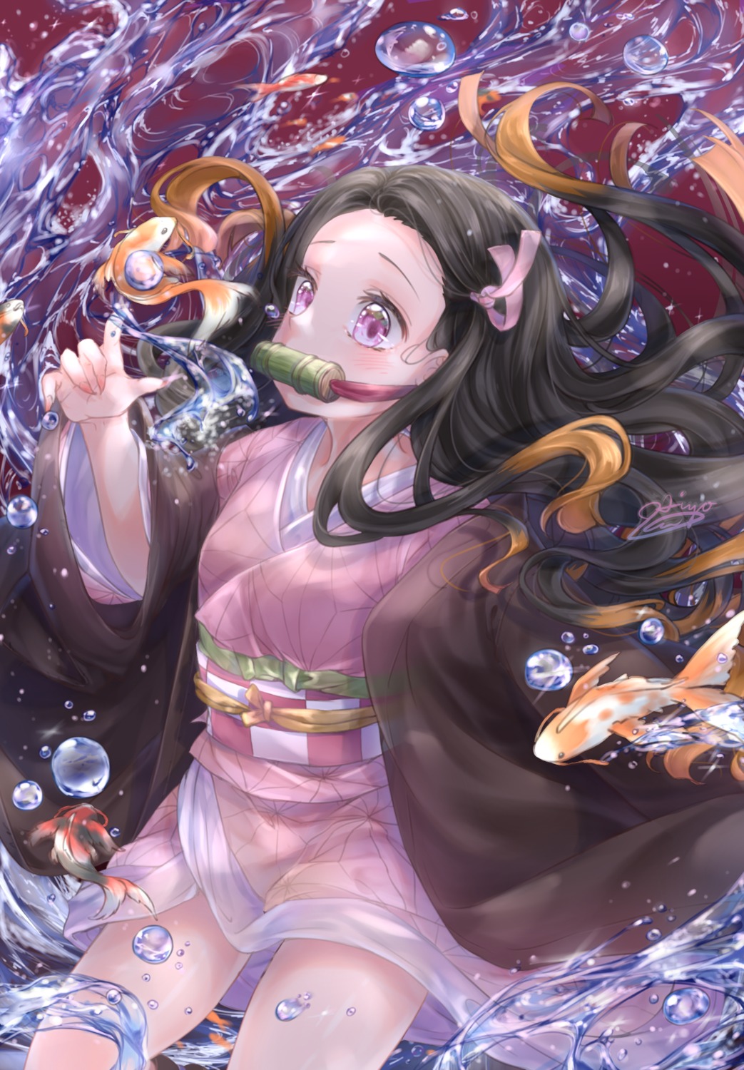 hiyorei japanese_clothes kamado_nezuko kimetsu_no_yaiba kimono skirt_lift wet