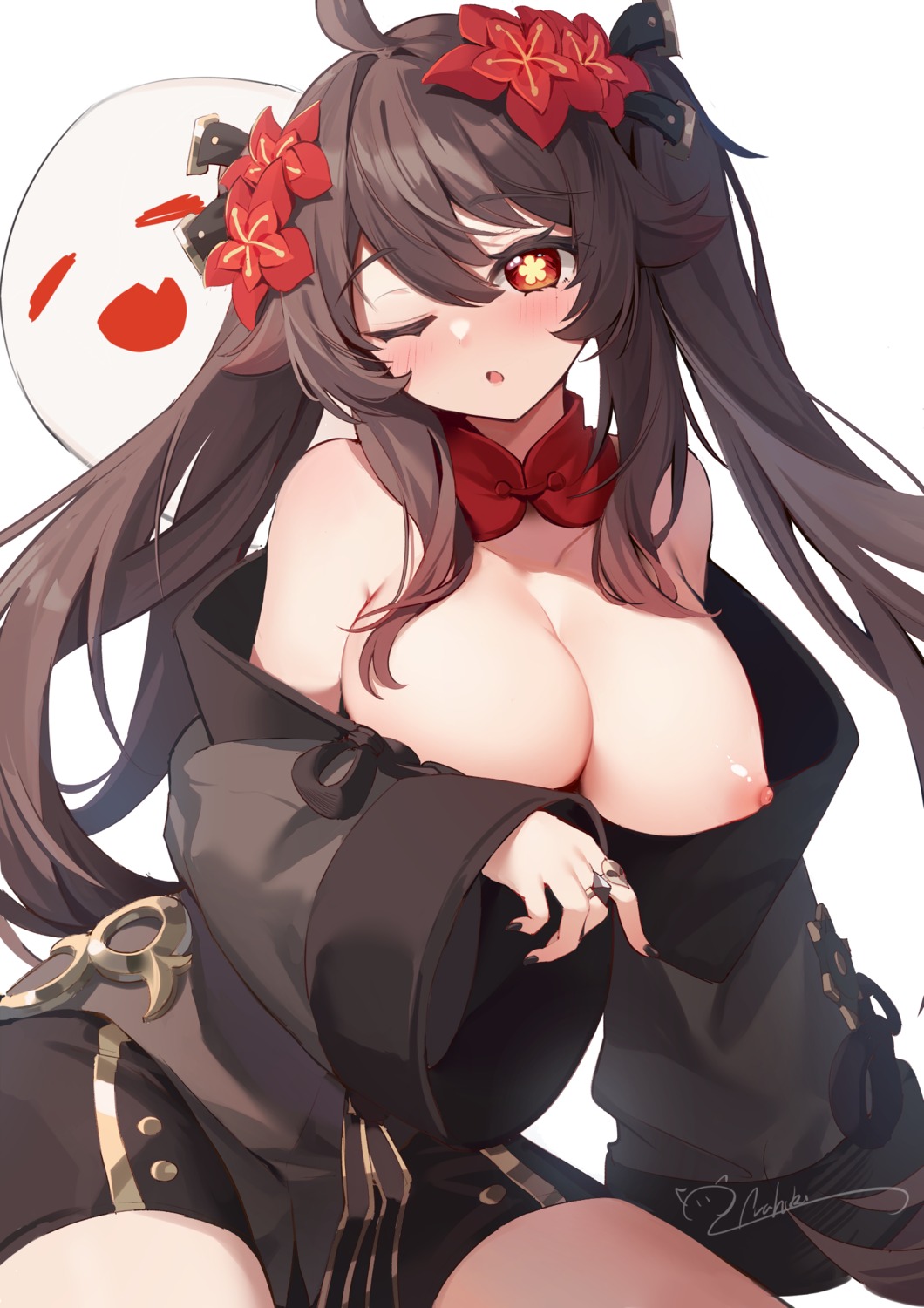 breasts genshin_impact hu_tao nahaki nipples no_bra open_shirt