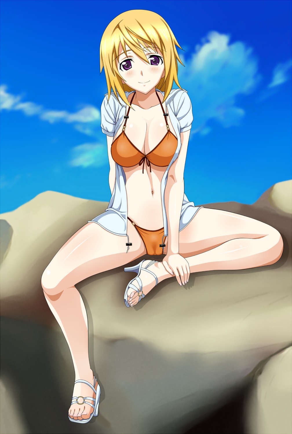 bikini cameltoe charlotte_dunois cleavage heels infinite_stratos open_shirt swimsuits tagme