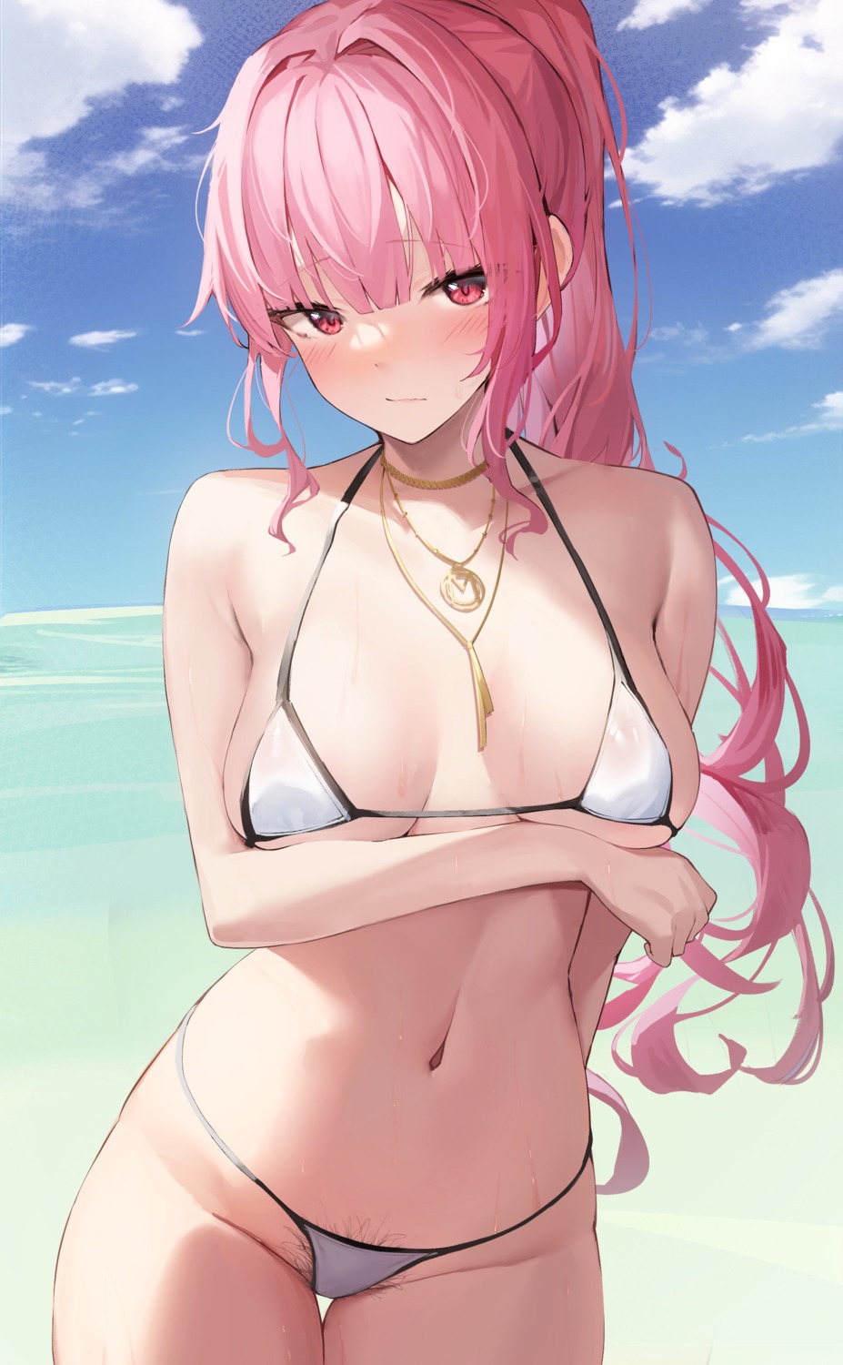 bikini breast_hold erect_nipples hololive hololive_english keienu0 mori_calliope pubic_hair see_through swimsuits thong