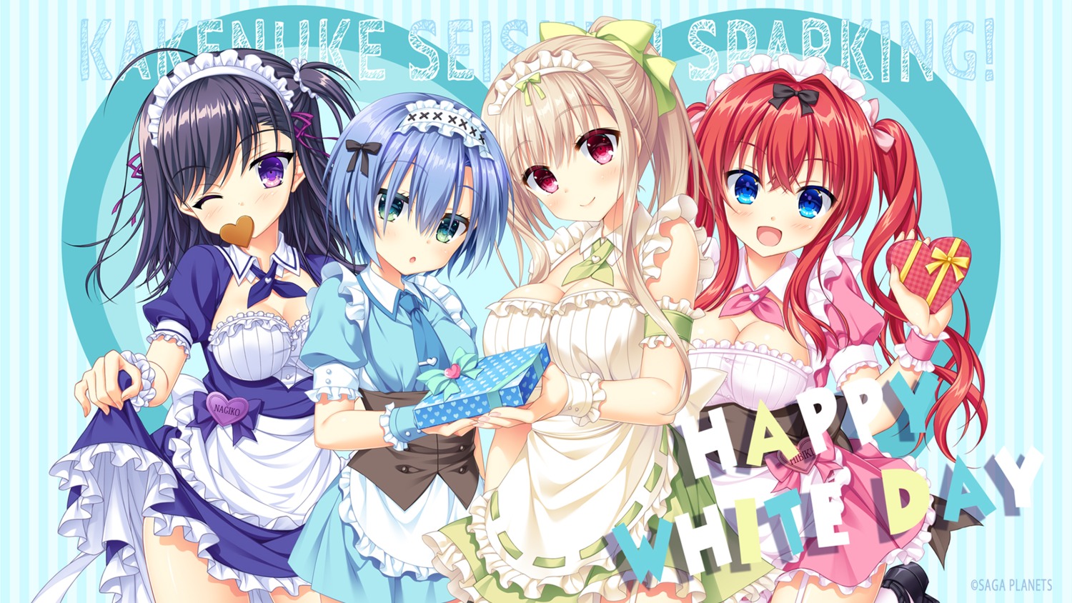 arisue_tsukasa cleavage hiiragi_shiori hontani_kanae kaidou_nagiko kakenuke_seishun_sparking! kashima_riri kohinata_hibiki maid saga_planets skirt_lift stockings thighhighs toranosuke valentine waitress wallpaper