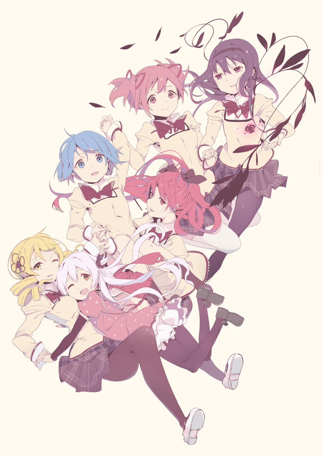 akemi_homura bloomers charlotte_(puella_magi_madoka_magica) dress kaname_madoka kokoro6636 miki_sayaka momoe_nagisa pantyhose puella_magi_madoka_magica sakura_kyouko seifuku thighhighs tomoe_mami