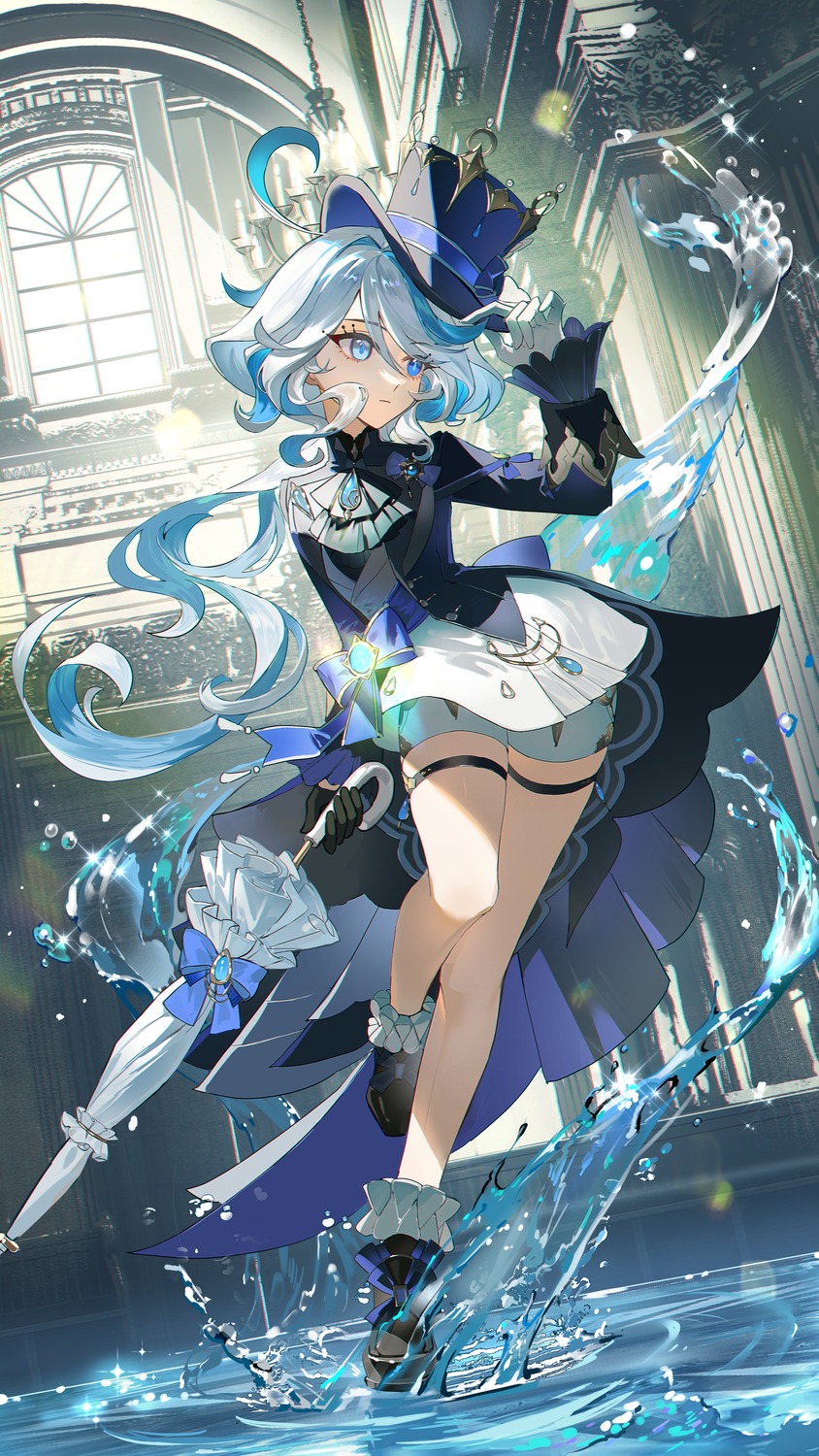 furina garter genshin_impact guaisen heterochromia umbrella wet