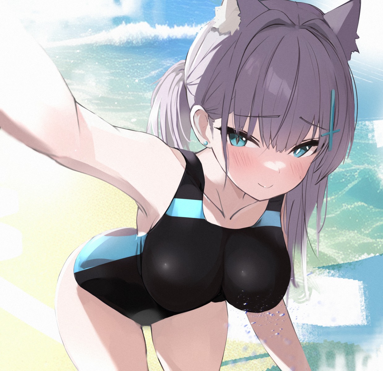 animal_ears blue_archive darudana nekomimi selfie sunaookami_shiroko swimsuits