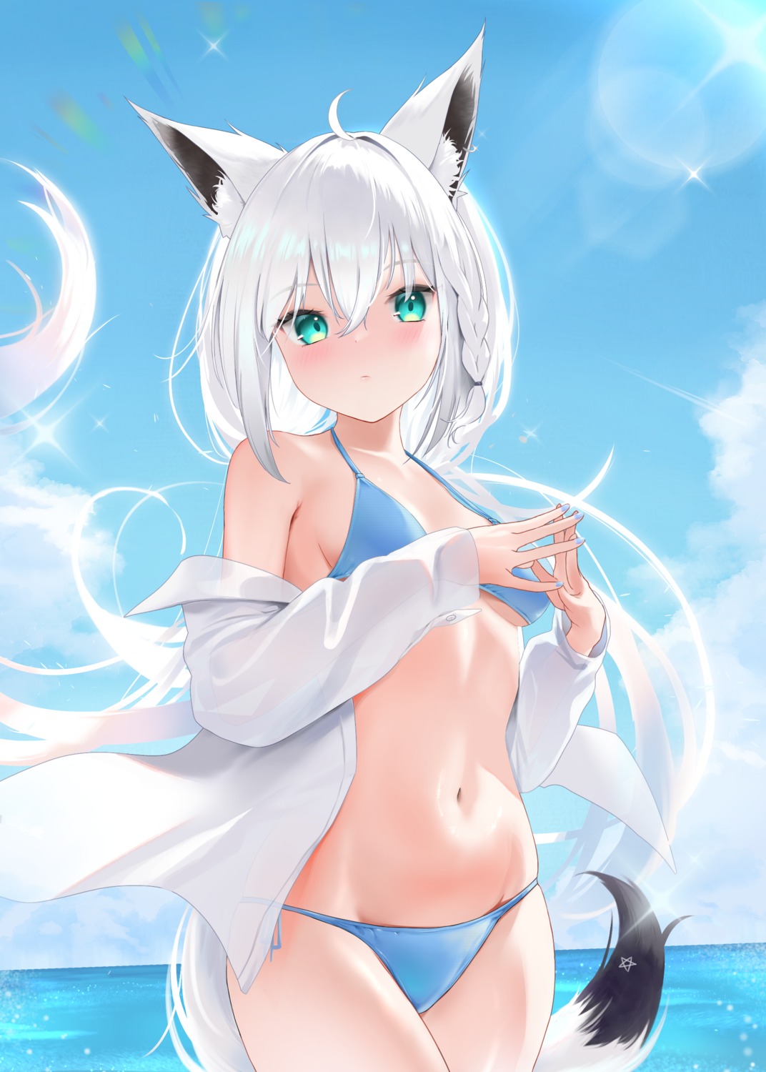 animal_ears bikini dress_shirt hololive hololive_gamers kitsune miaohik open_shirt see_through shirakami_fubuki swimsuits tail