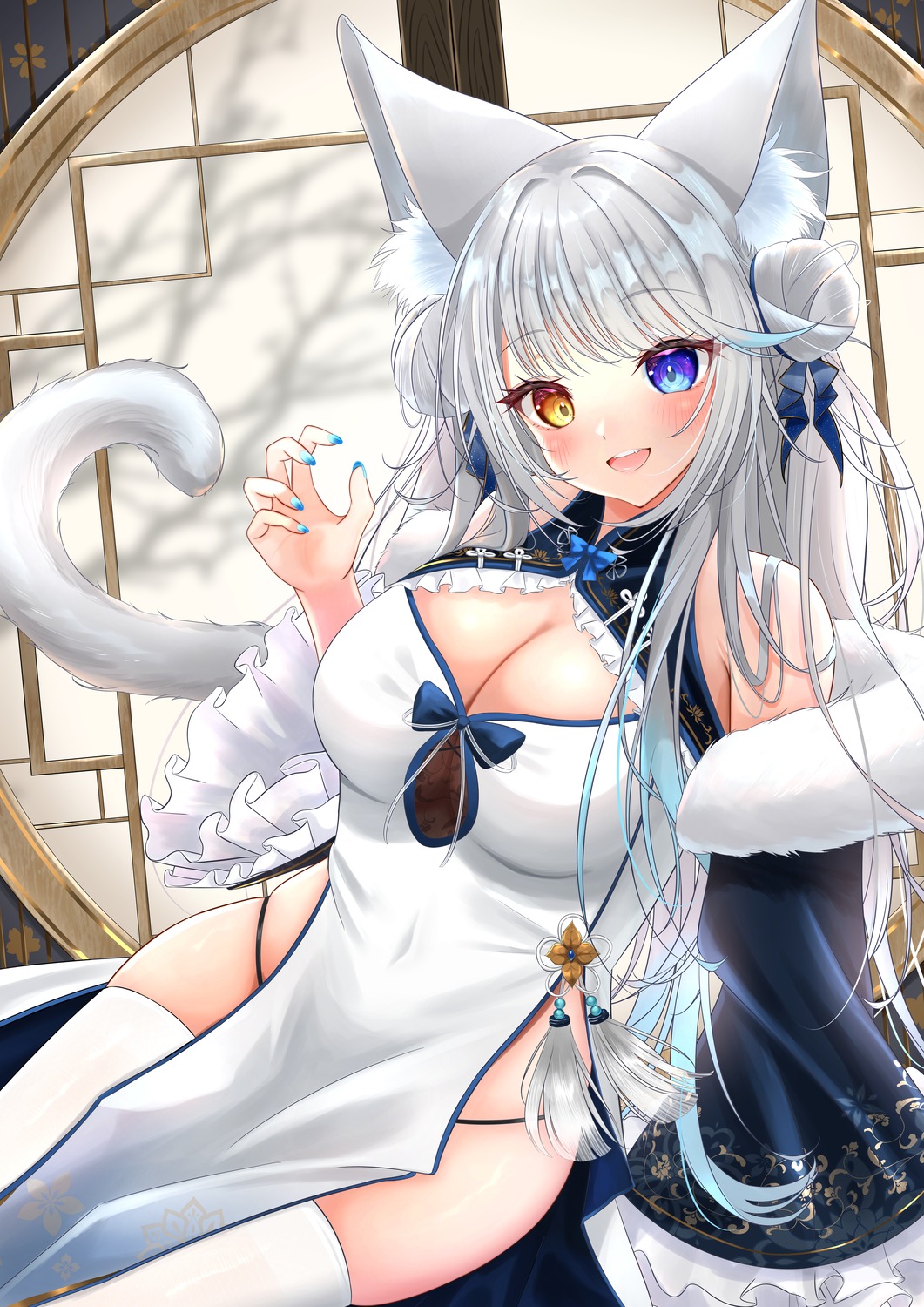 animal_ears chinadress heterochromia nekomimi no_bra pantsu see_through tail thighhighs tsuri_pi